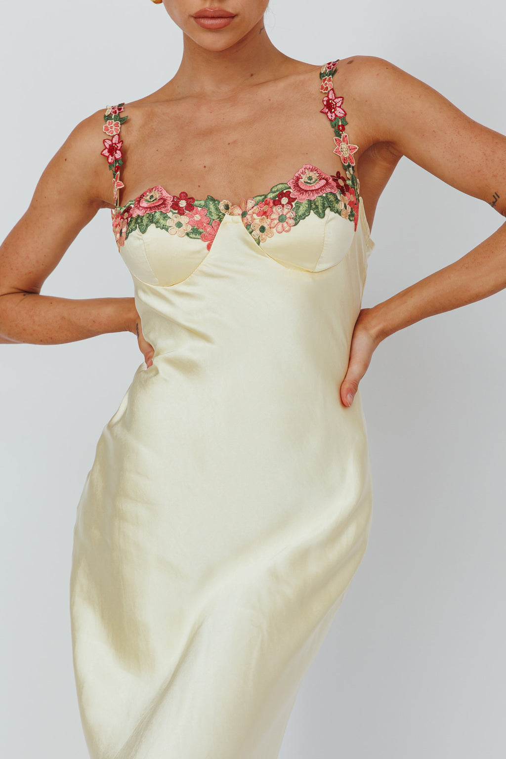 Rose Garden Floral Applique Midi Dress Yellow by Selfie Leslie