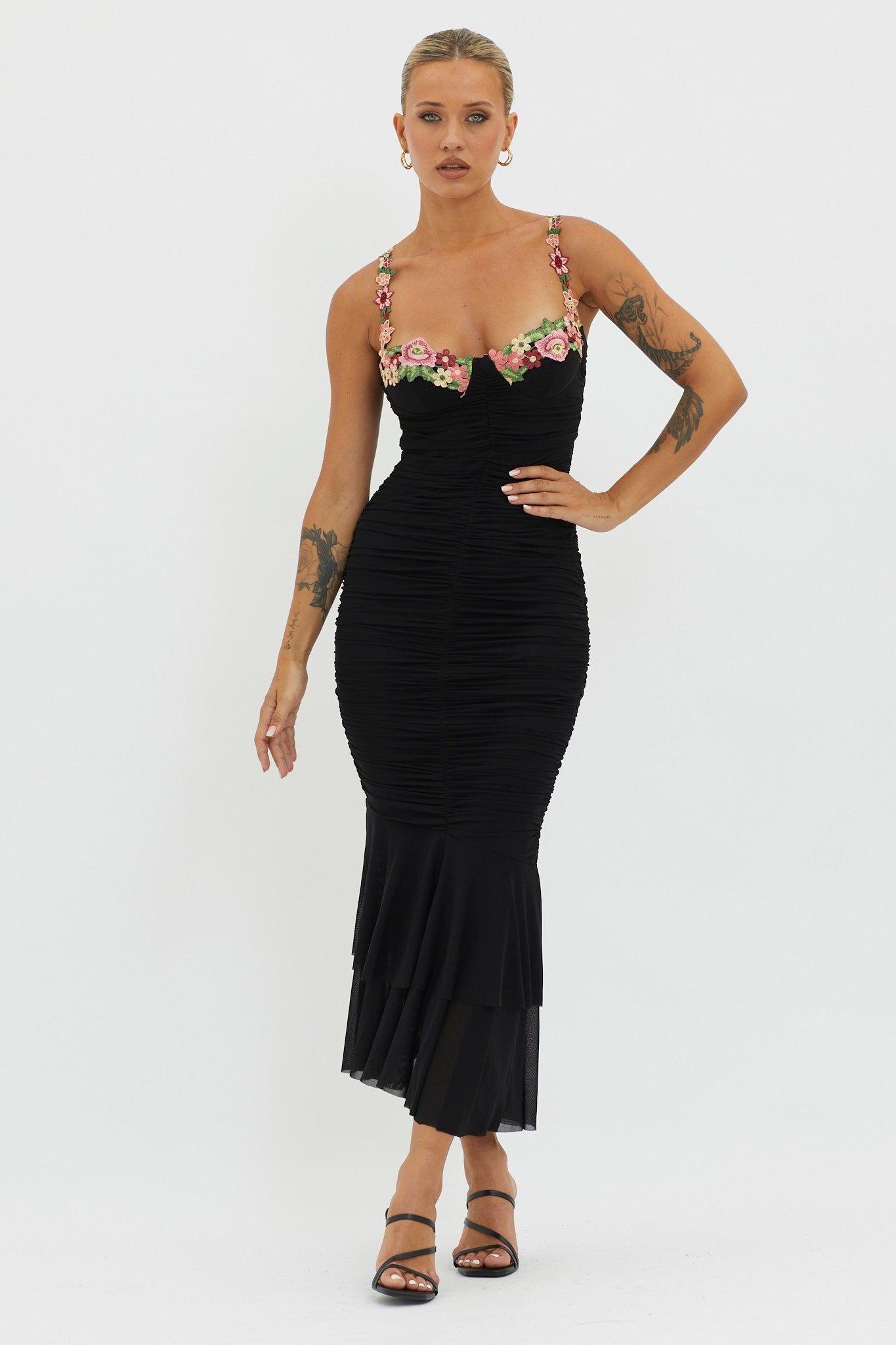 ruched mesh midi dress Sommer Great for any cup size Rose Garden Ruched Mesh Midi