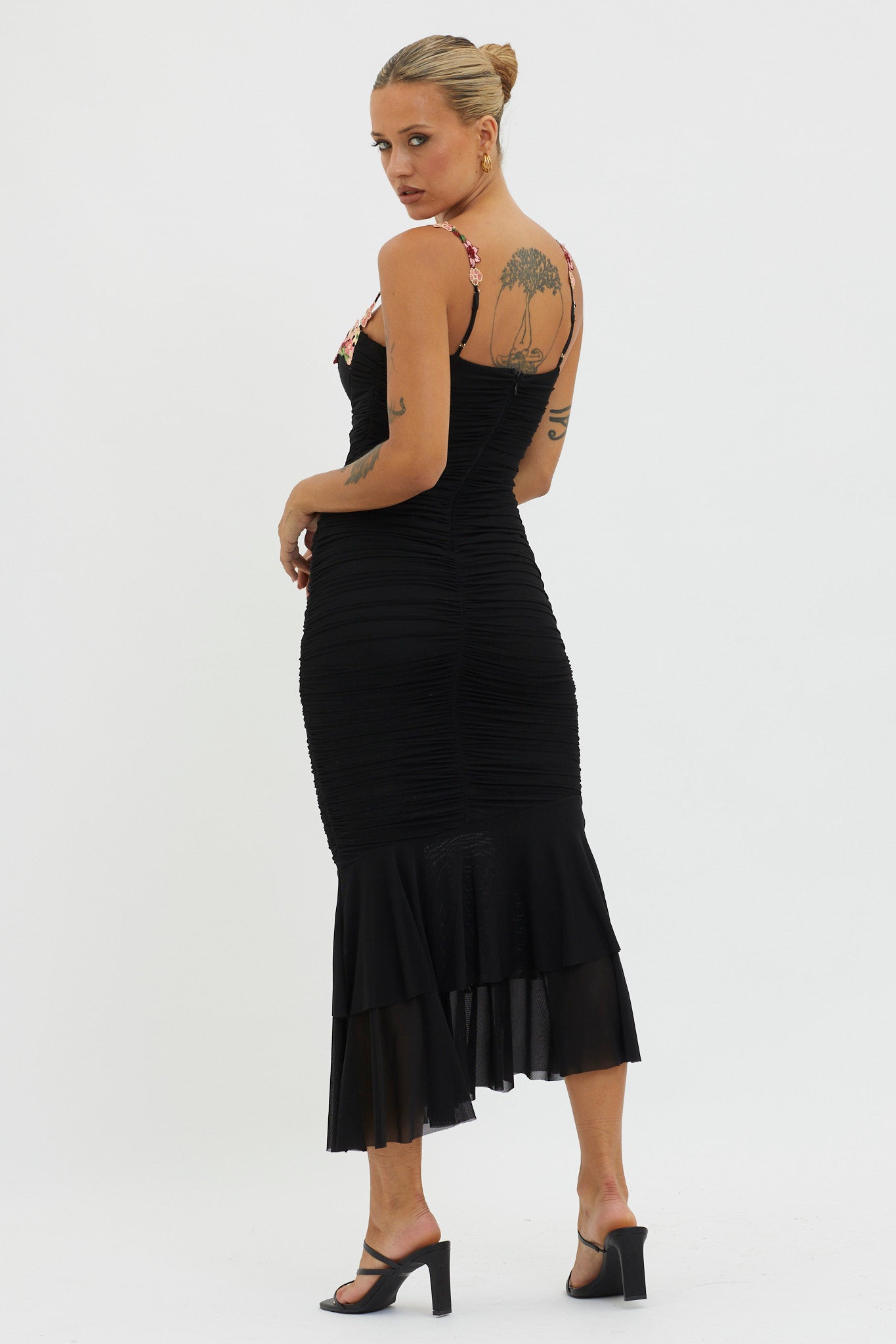 black ruched mesh midi dress Noel Mesh Midi Dress Black / M