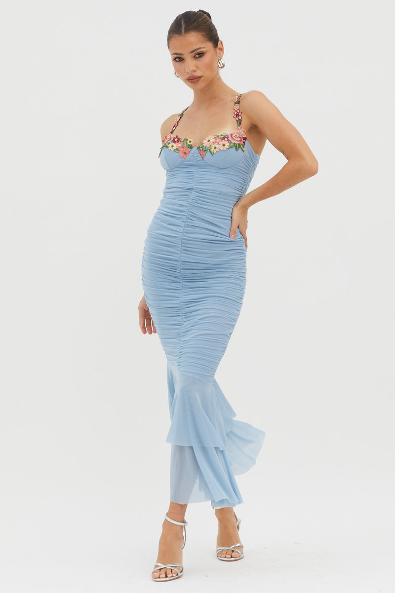 RUFFLE ROSETTE MESH MIDI DRESS IN BLUE