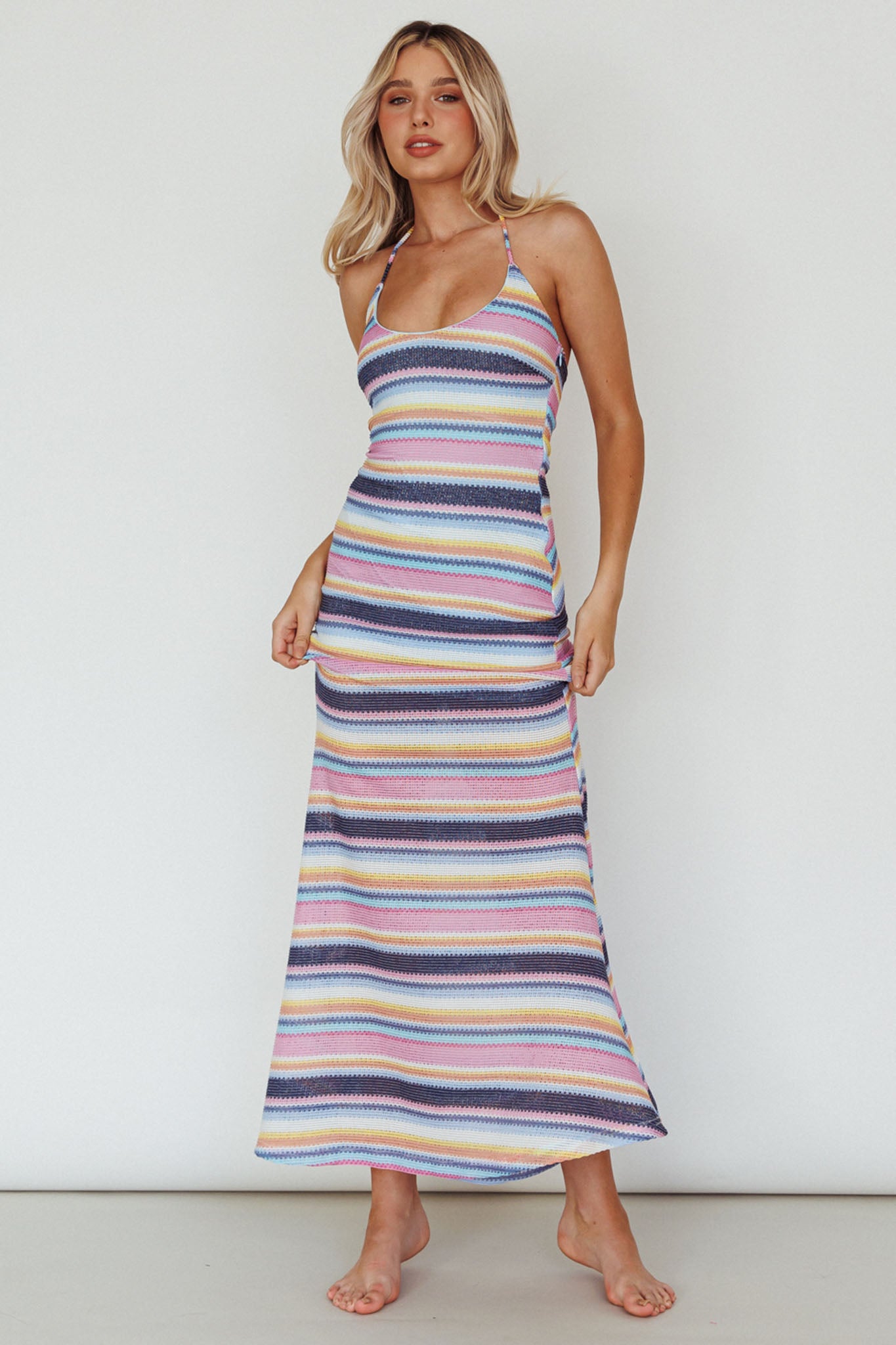 Kandy Crochet Maxi Dress Stripe Blue Multi by Selfie Leslie