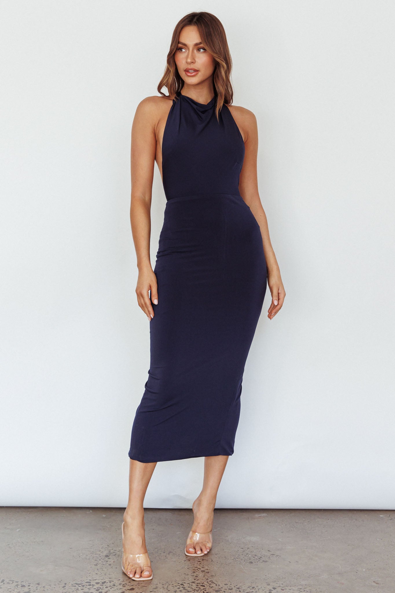 Caden Backless Halterneck Dress Navy by Selfie Leslie