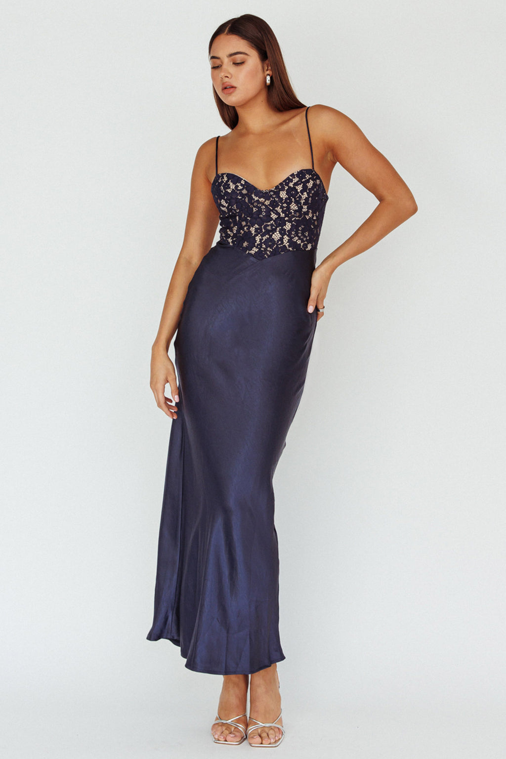 Evening Star Lace Bodice Maxi Dress Navy by Selfie Leslie