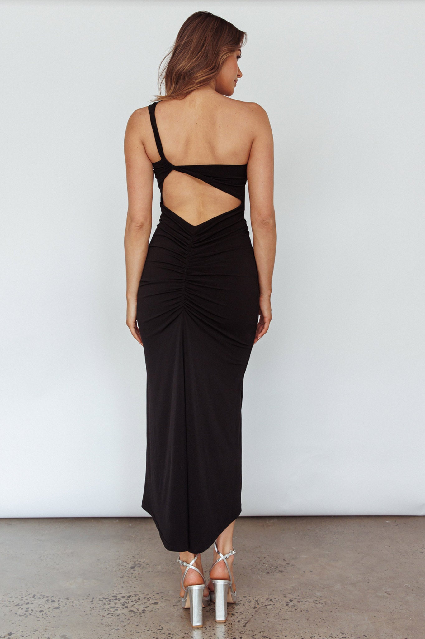 Trinny One-Shoulder Ruched Back Midi Dress Black by Selfie Leslie