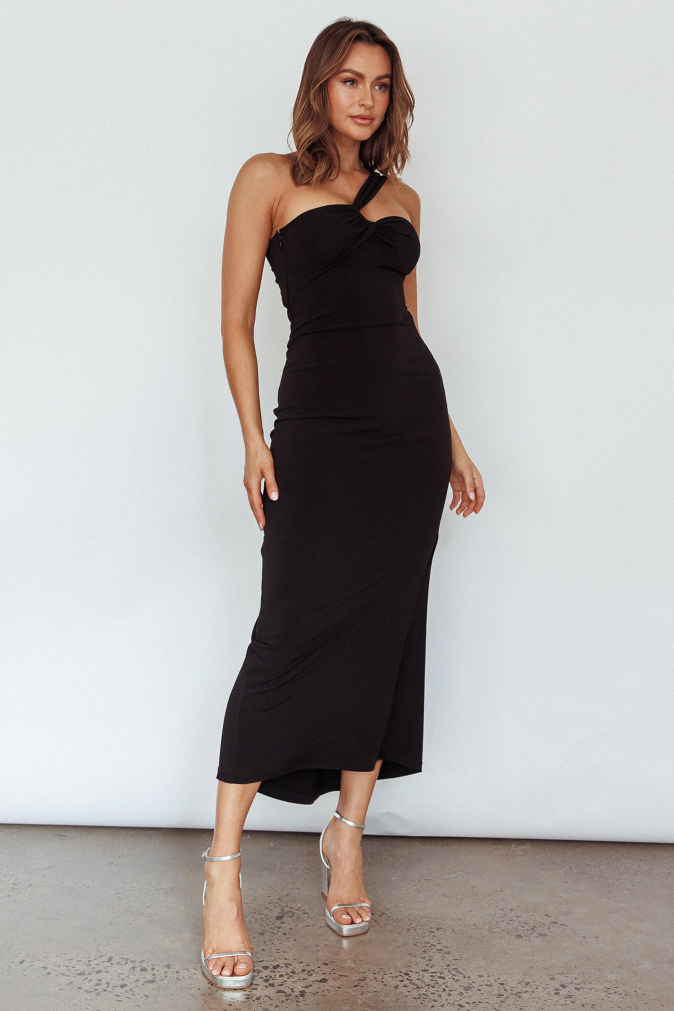 Trinny One-Shoulder Ruched Back Midi Dress Black by Selfie Leslie