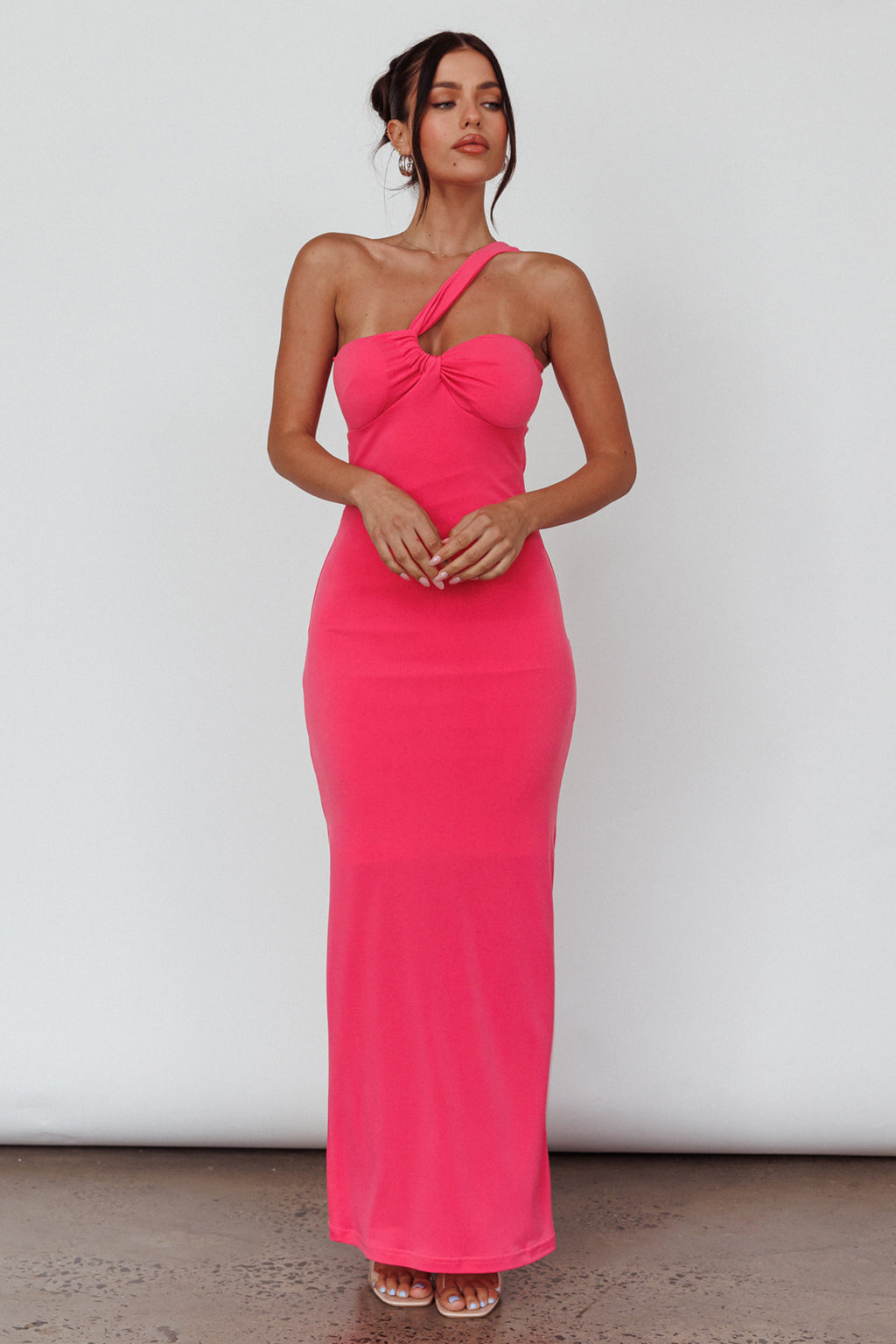 Trinny One-Shoulder Ruched Back Midi Dress Hot Pink by Selfie Leslie