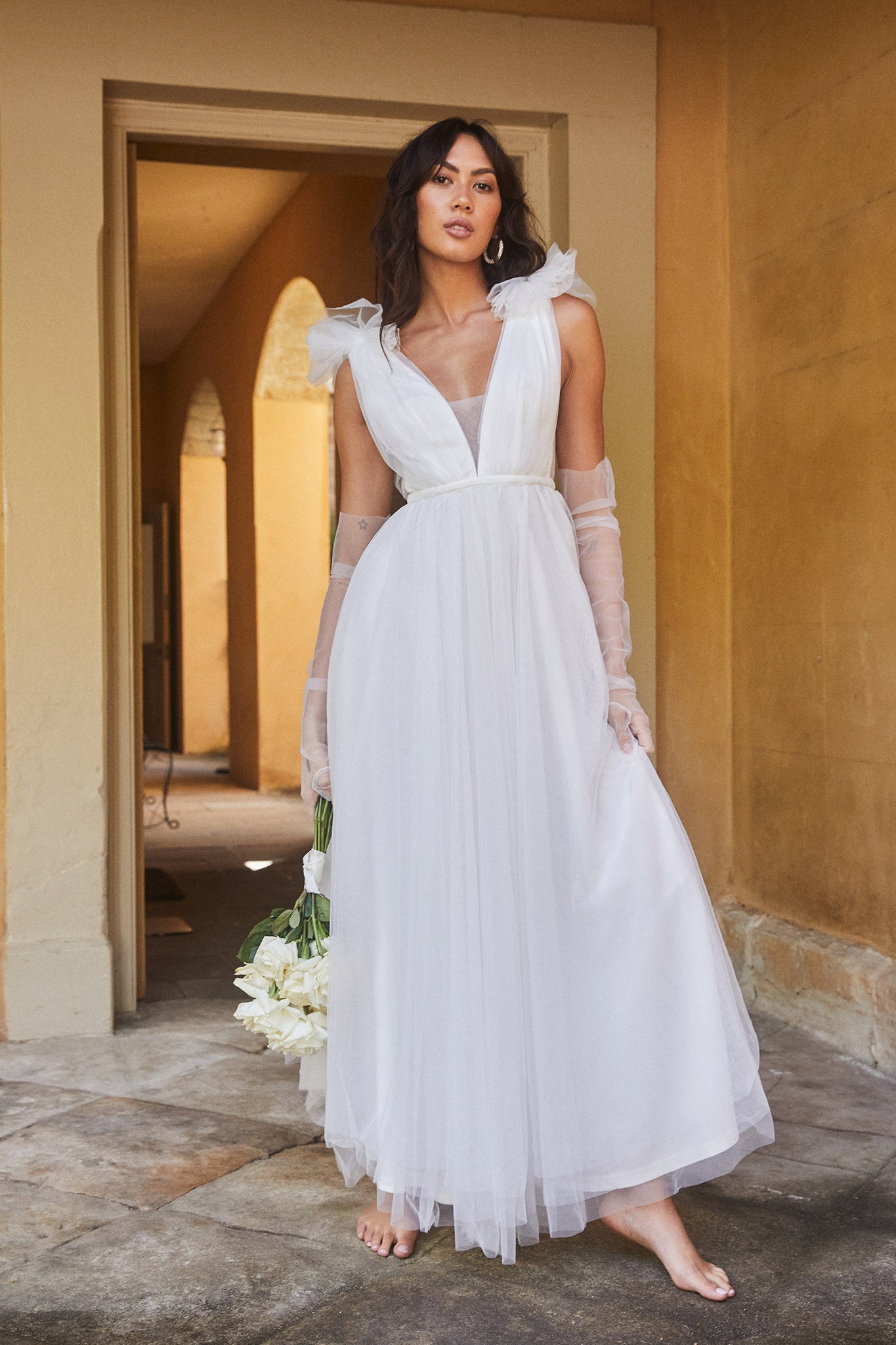 reinhart floral asymmetrical mesh dress white Regine Overlay Maxi 72