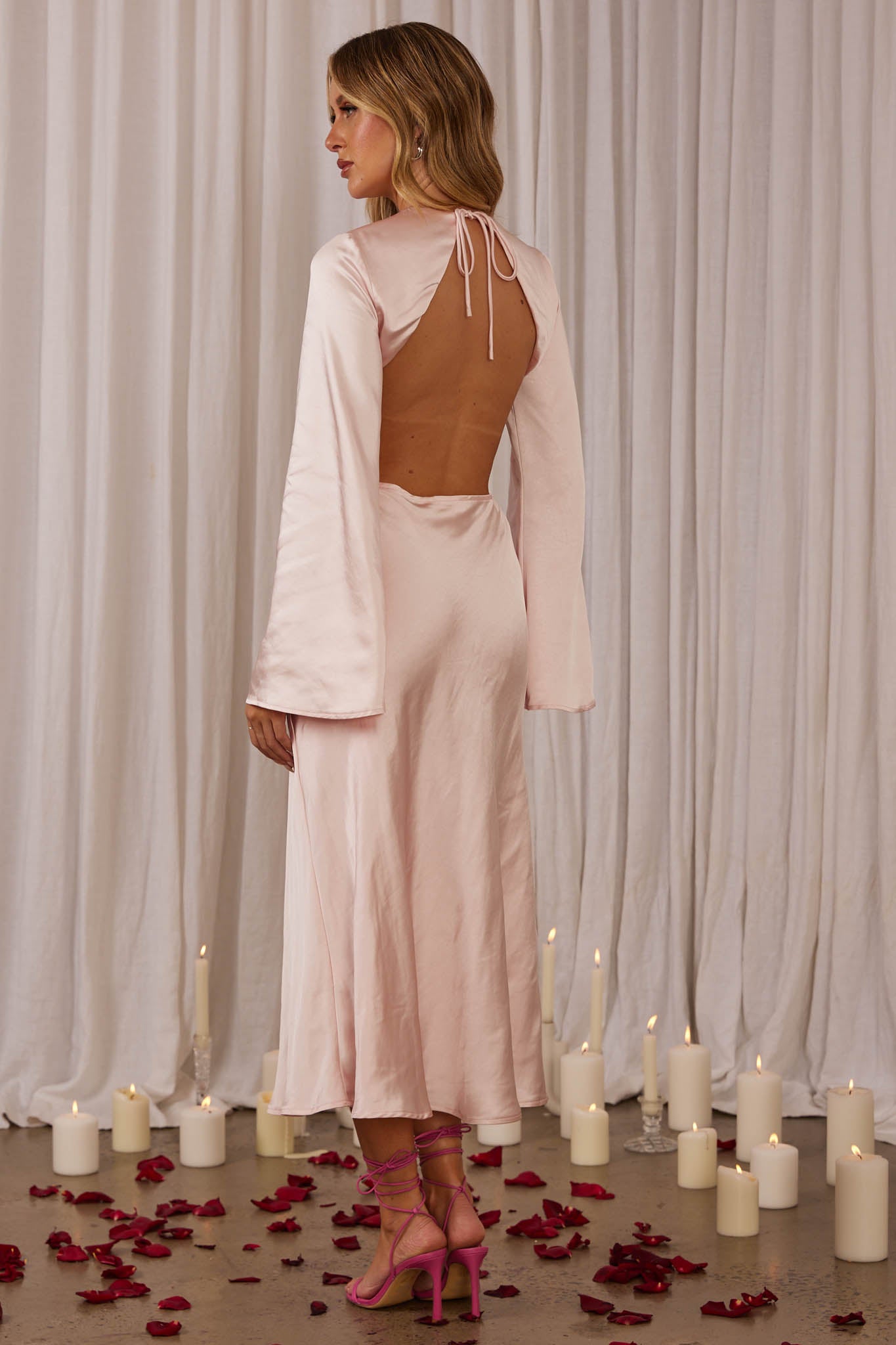 long sleeve cut out halterneck midi dress in blush Long Sleeve Cut Out Halterneck Midi Dress in Blush