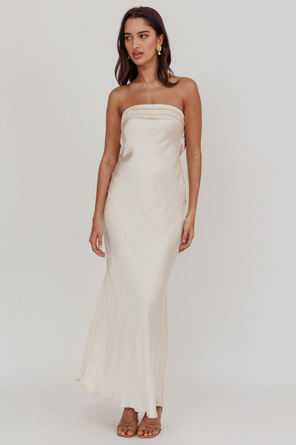 cream satin embellished bib maxi dress Sleeveless Satin V-Neck, Kassie Maxi Dress in Cream, Size XL, For Bachelorette Or Brides