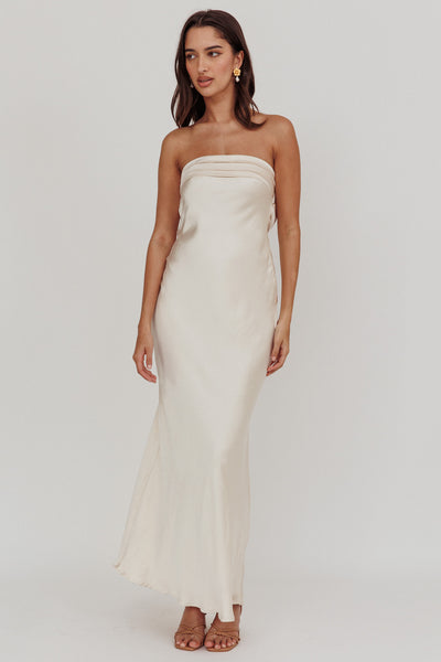 champagne strappy slinky cowl maxi dress Kona Strapless Pleated Bust Satin long sheer dress Do Not Bleach Cruise Captains Carnival Cruise Color:OffWhite/Rose