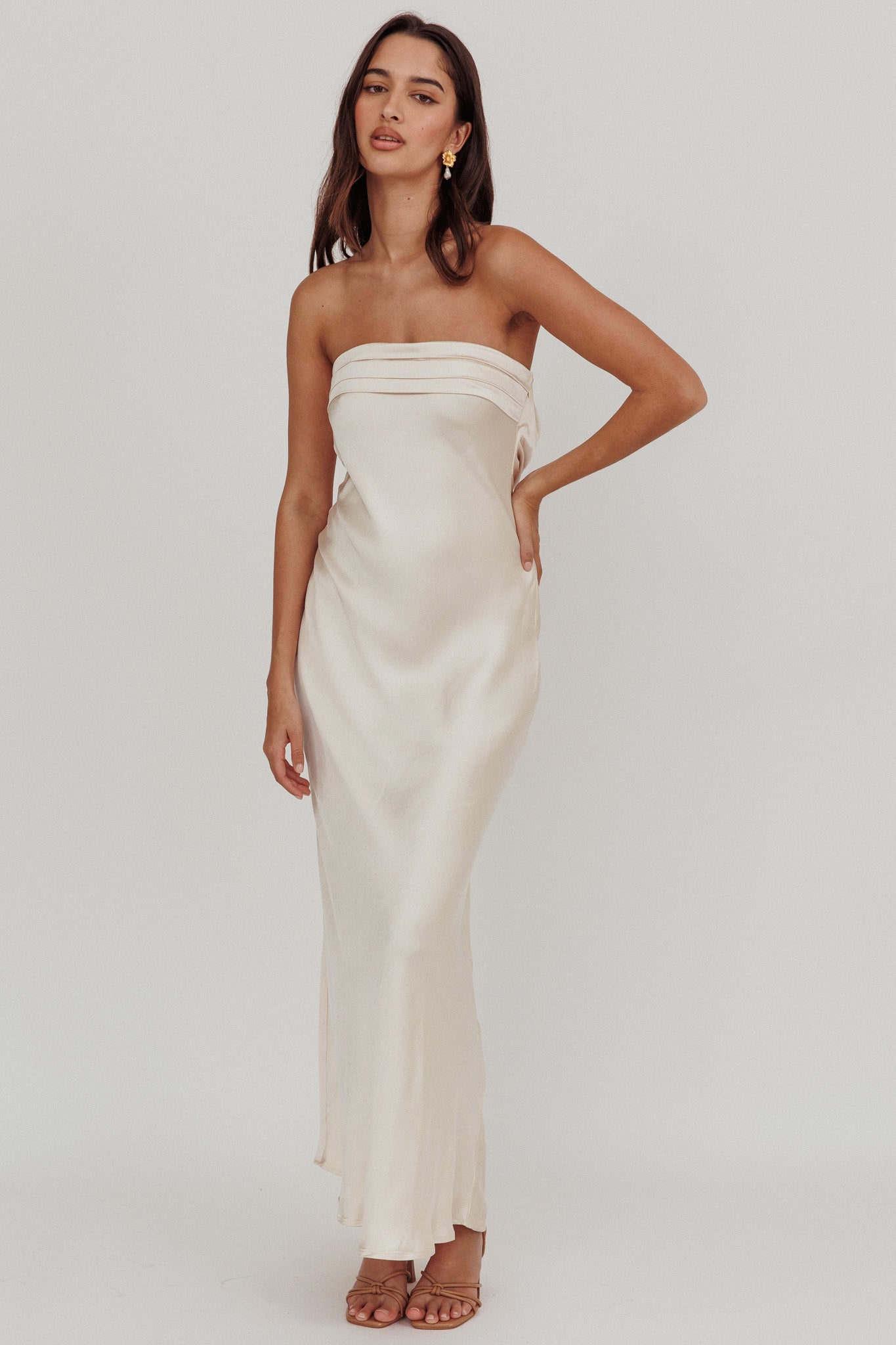 Kona Strapless Pleated Bust Satin Maxi Dress Champagne - XL Kona Strapless Pleated Bust Satin Maxi Dress Champagne - XL