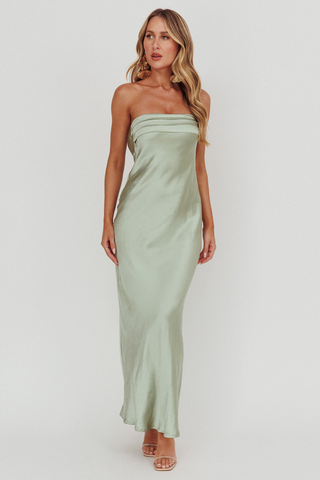 Kona Strapless Pleated Bust Satin Maxi Dress Sage | Selfie Leslie Kona Strapless Pleated Bust Satin Maxi Dress Sage | Selfie Leslie