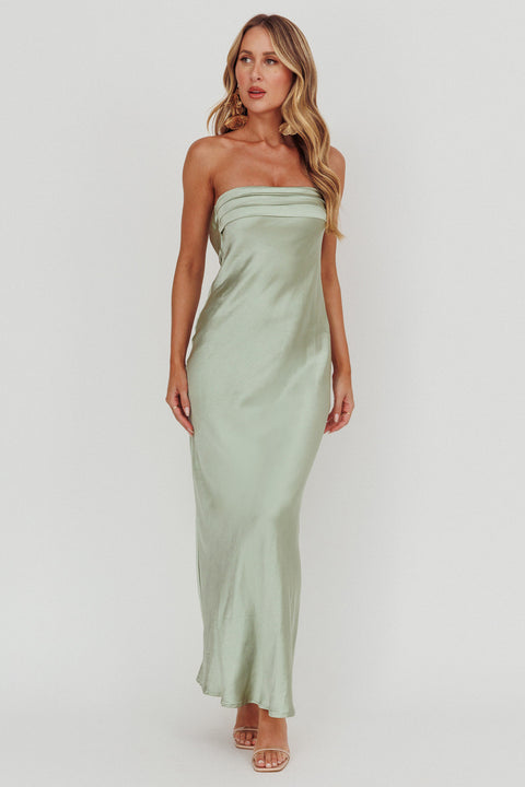 Kona Strapless Pleated Bust Satin Maxi Dress Sage– Selfie Leslie