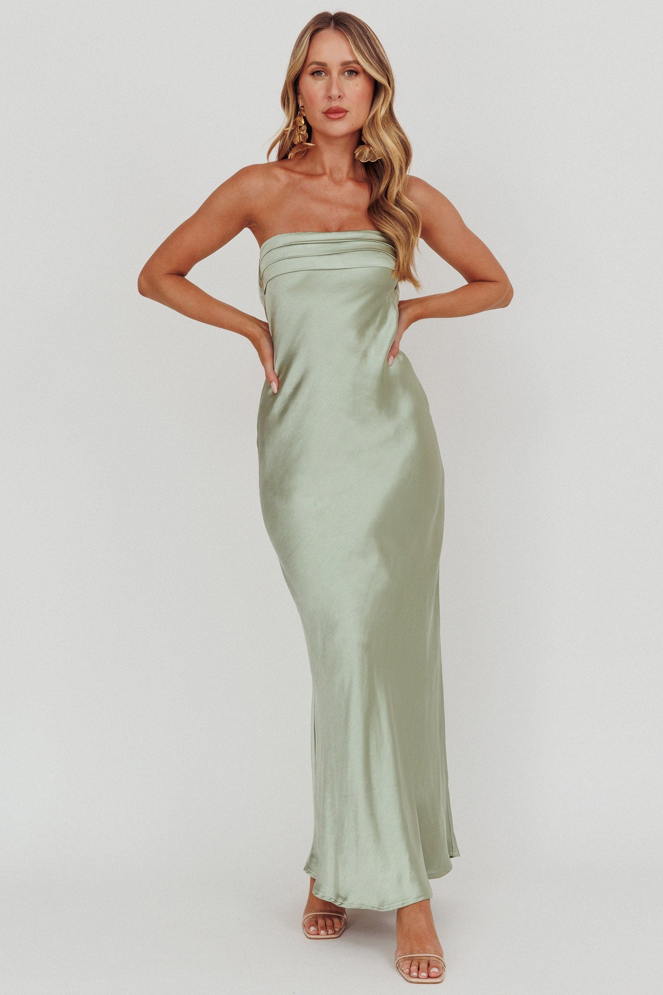 Kona Strapless Pleated Bust Satin Maxi Dress Sage | Selfie Leslie Kona Strapless Pleated Bust Satin Maxi Dress Sage | Selfie Leslie