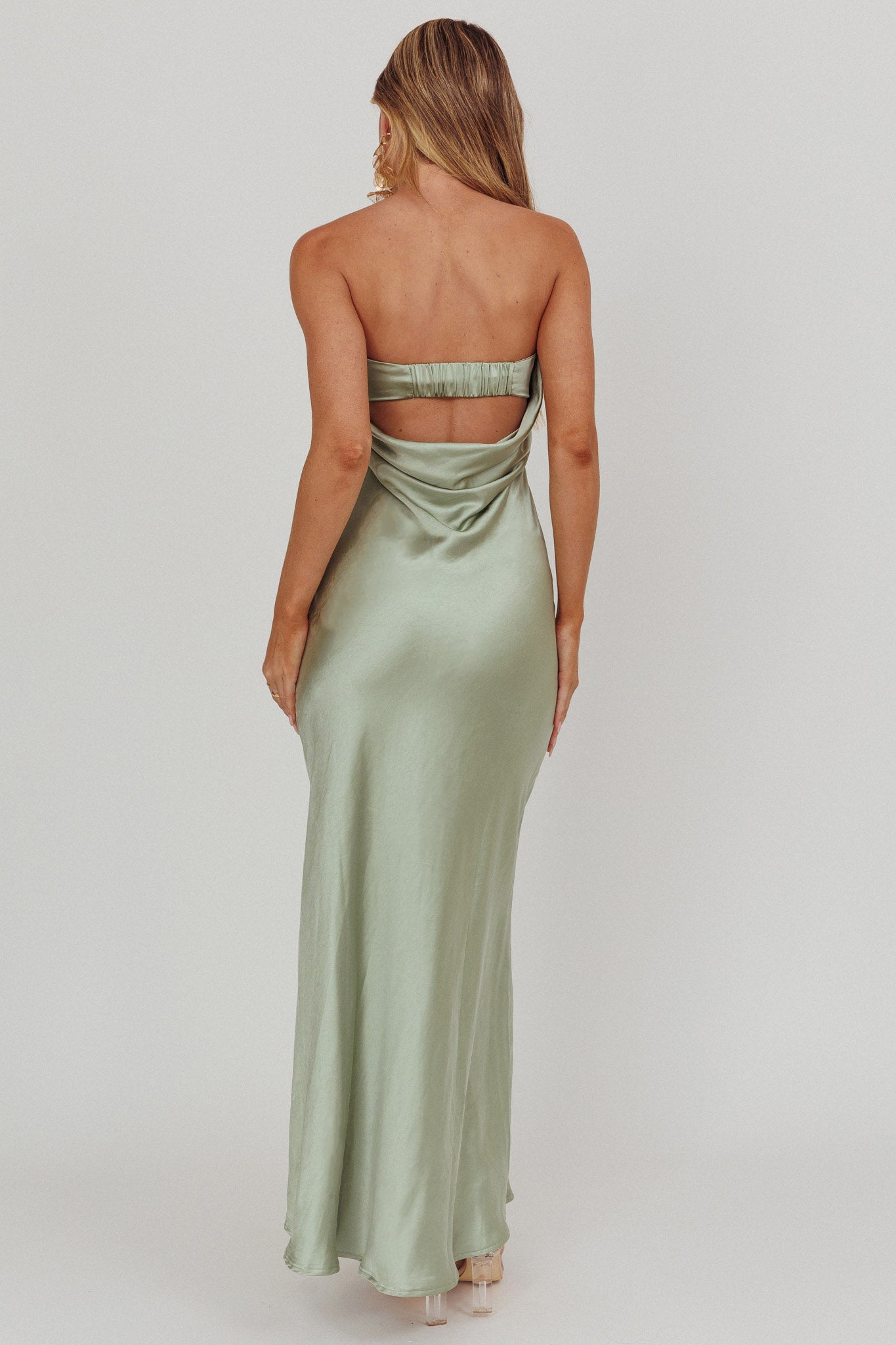 Kona Strapless Pleated Bust Satin Maxi Dress Sage Kona Strapless Pleated Bust Satin Maxi Dress Sage