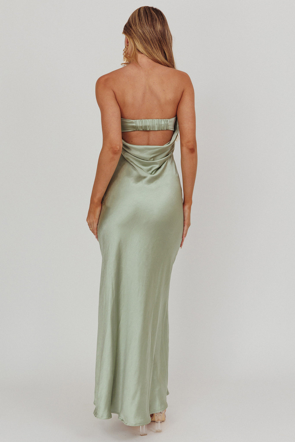 Kona Strapless Pleated Bust Satin Maxi Dress Sage by Selfie Leslie