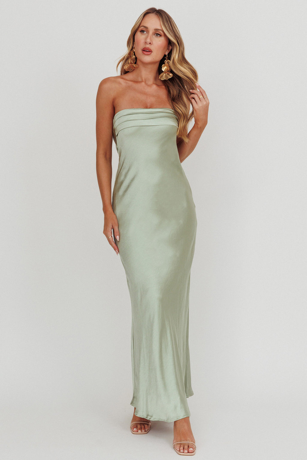 Kona Strapless Pleated Bust Satin Maxi Dress Sage by Selfie Leslie