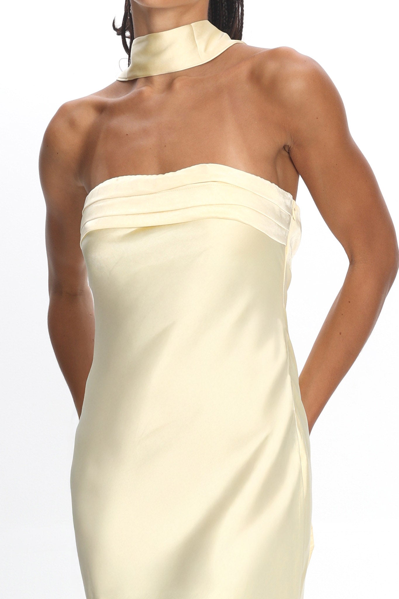 Kona Strapless Pleated Bust Satin Maxi Dress Butter