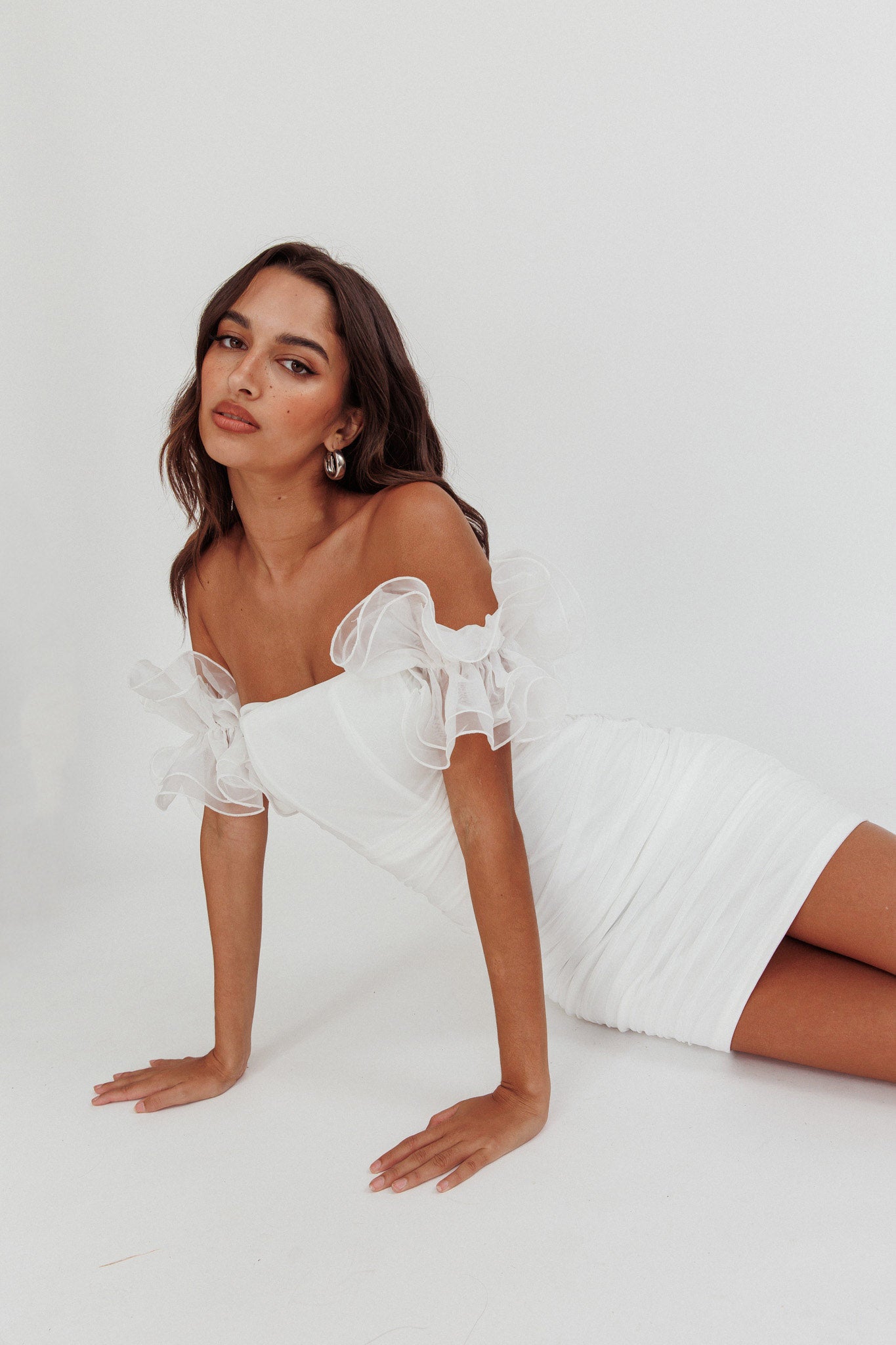 off the shoulder dress tops Star Dust Off-Shoulder Frill Sleeve Mini Dress White