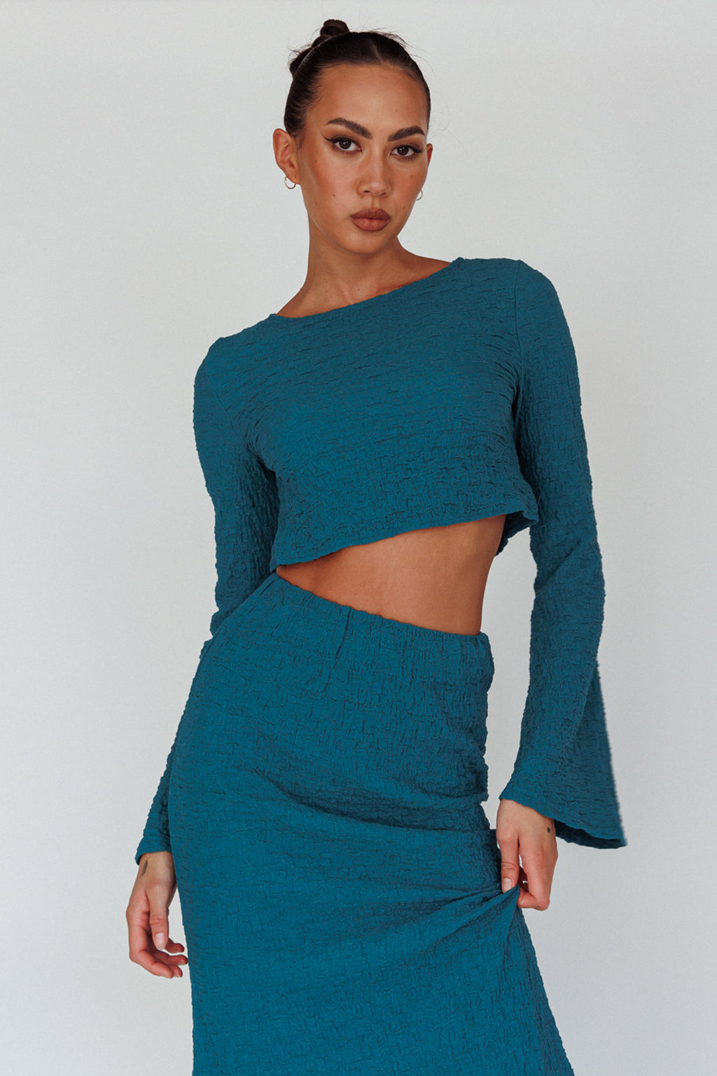 Treasures Flared Cuff Crop Top Teal by Selfie Leslie
