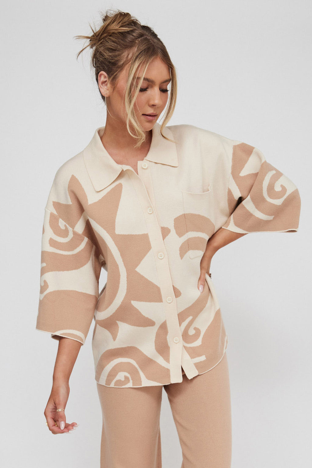 Nalani Button Up Knit Shirt Sand Wood by Selfie Leslie