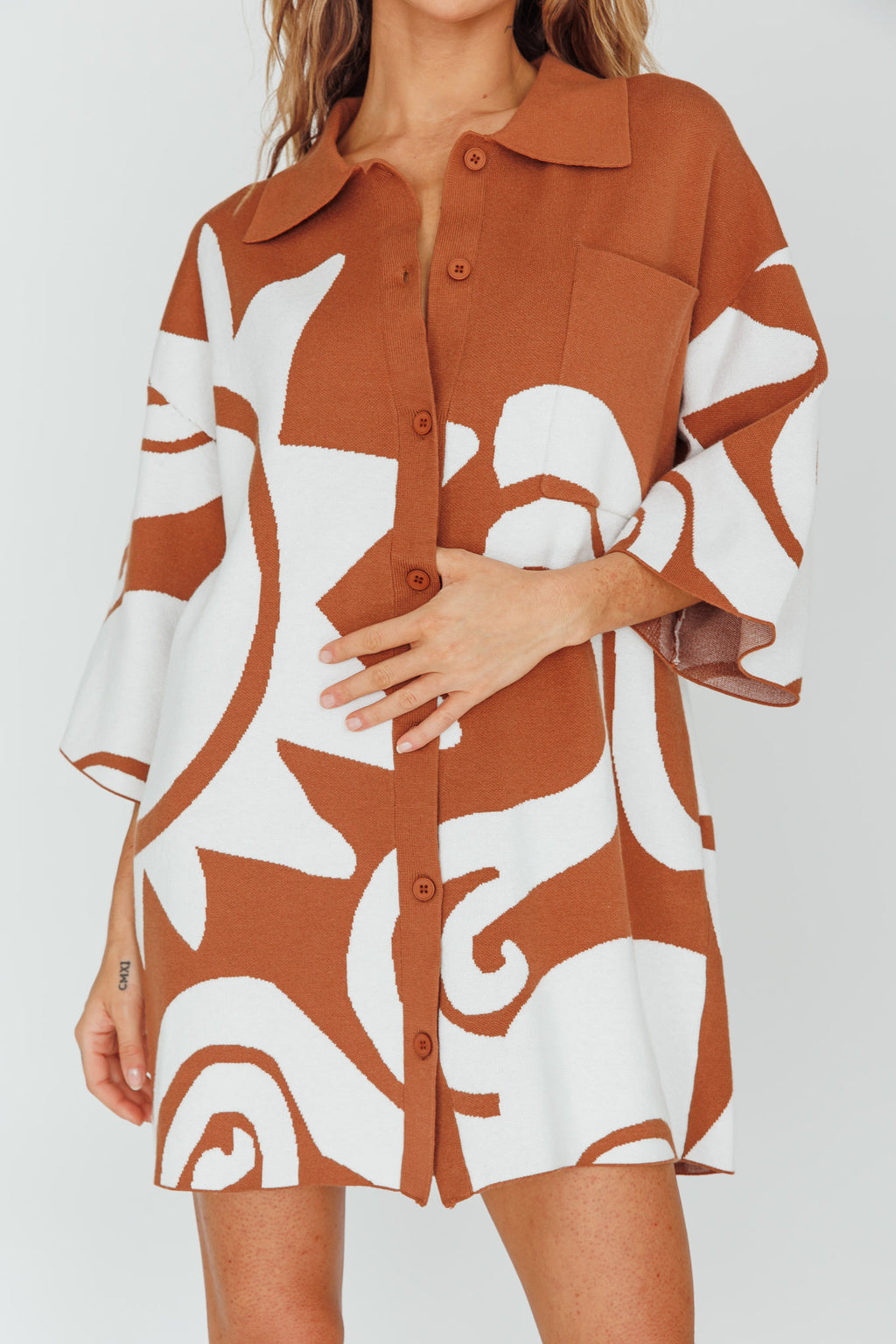 Nalani Button Up Knit Shirt Dress Chocolate/Beige by Selfie Leslie