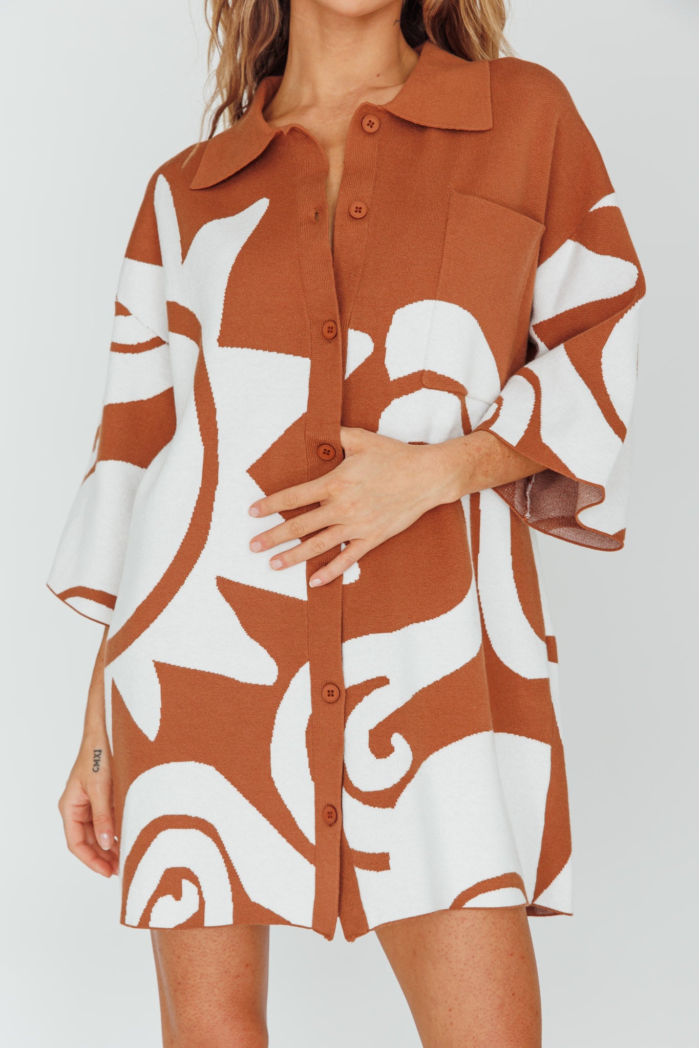 Nalani Button Up Knit Shirt Dress Chocolate/Beige by Selfie Leslie