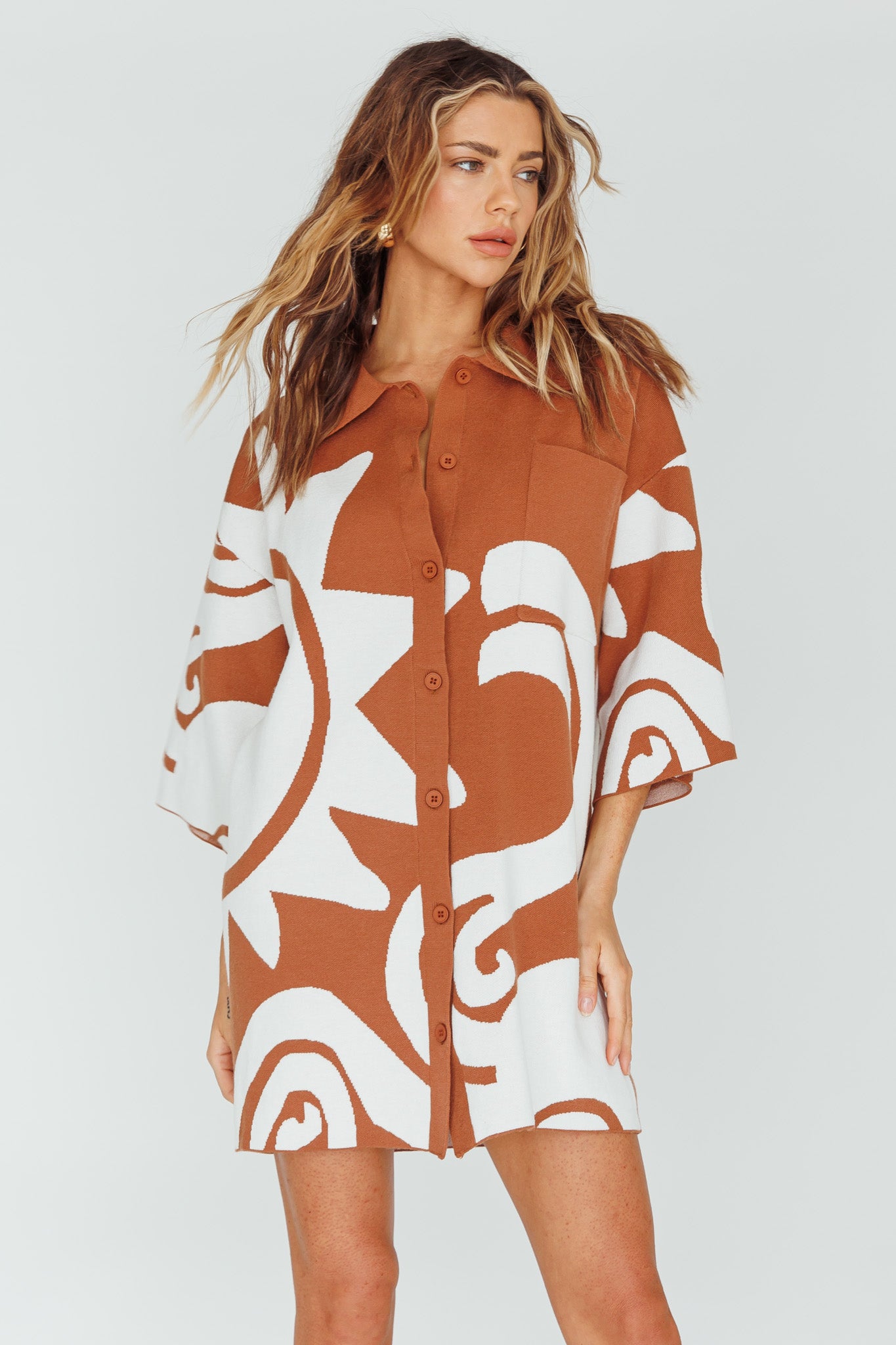Nalani Button Up Knit Shirt Dress Chocolate/Beige by Selfie Leslie