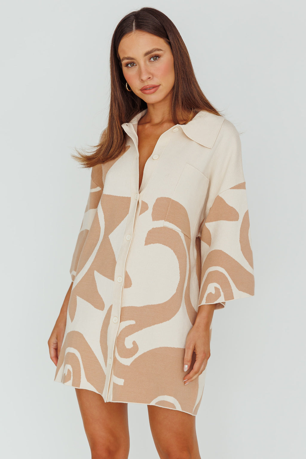 Nalani Button Up Knit Shirt Dress Sand/Wood by Selfie Leslie