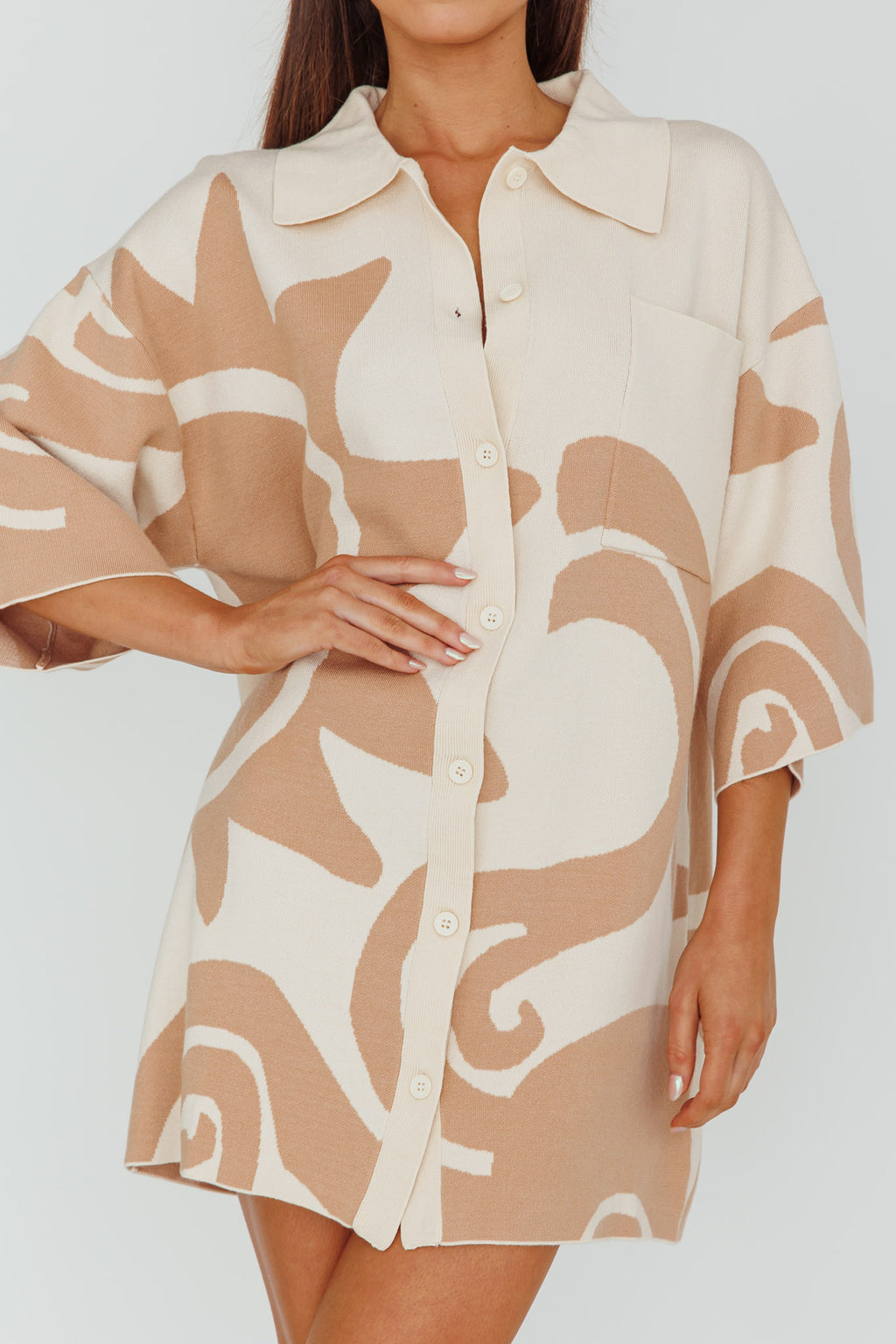 Nalani Button Up Knit Shirt Dress Sand/Wood by Selfie Leslie