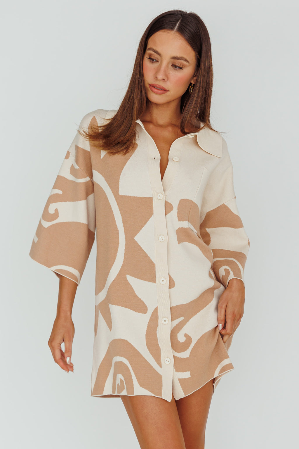 Nalani Button Up Knit Shirt Dress Sand/Wood by Selfie Leslie