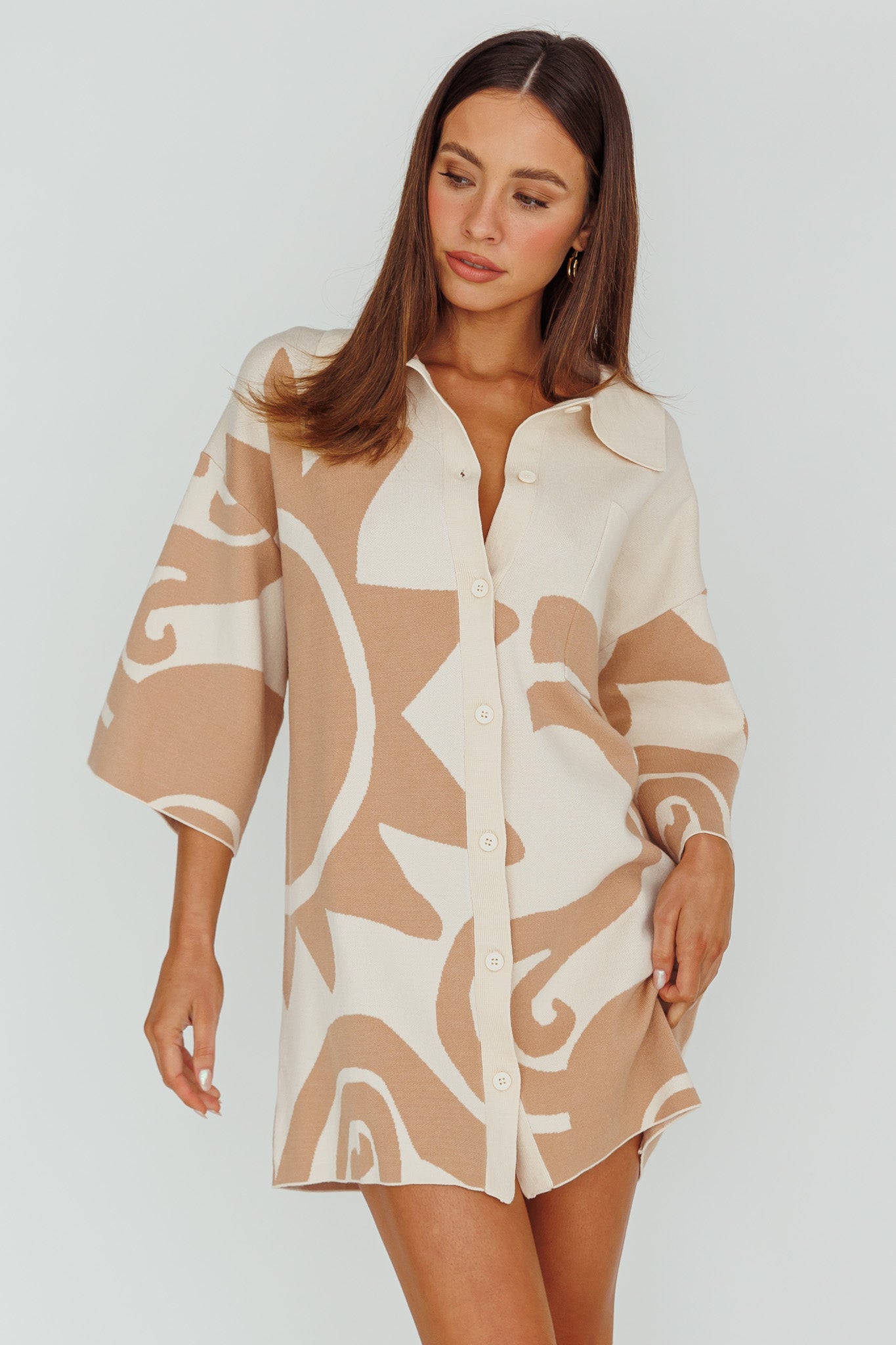 Nalani Button Up Knit Shirt Dress Sand/Wood by Selfie Leslie