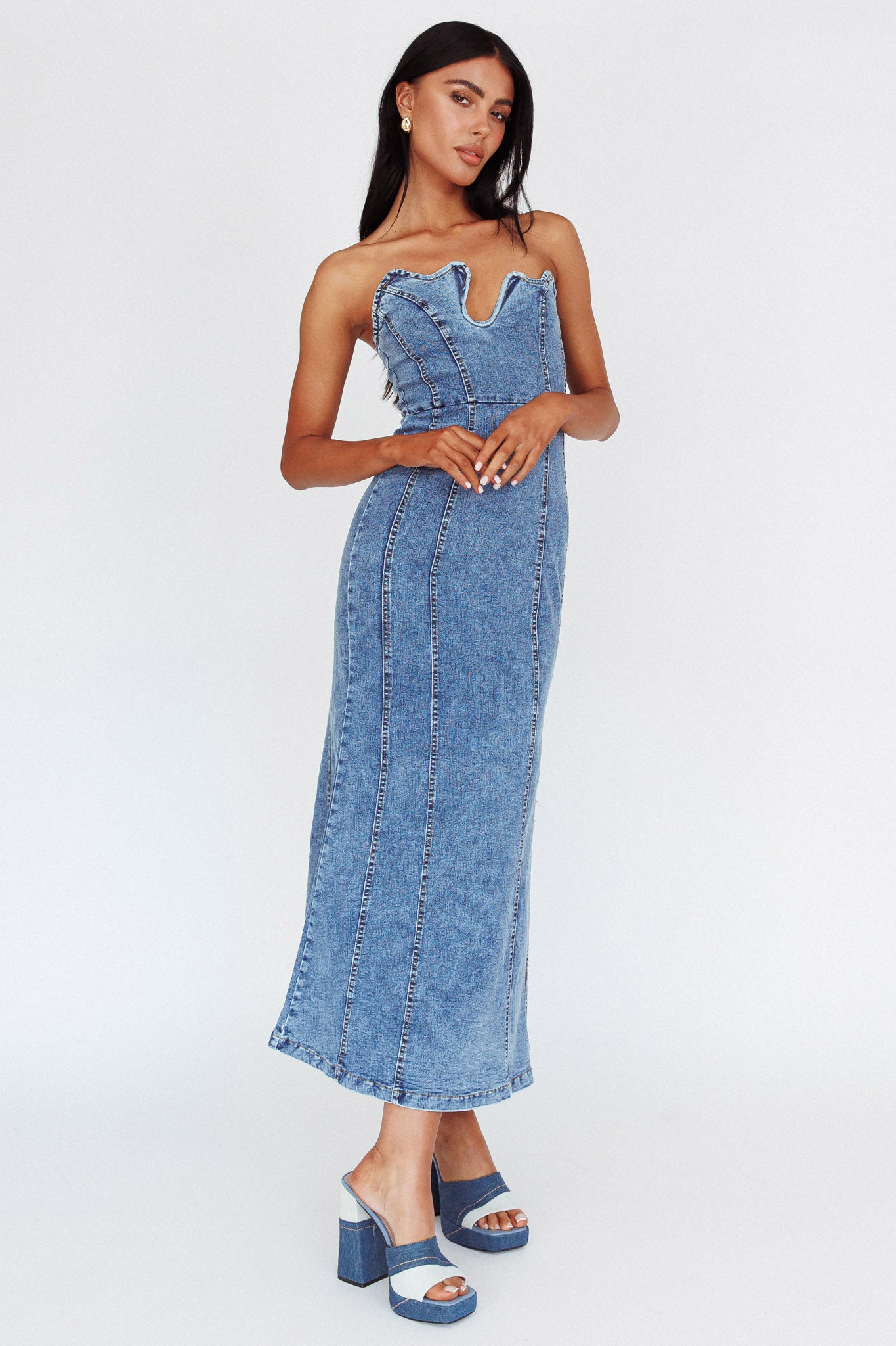 Shop the Horizon Strapless Wavy Neckline Midi Denim Blue