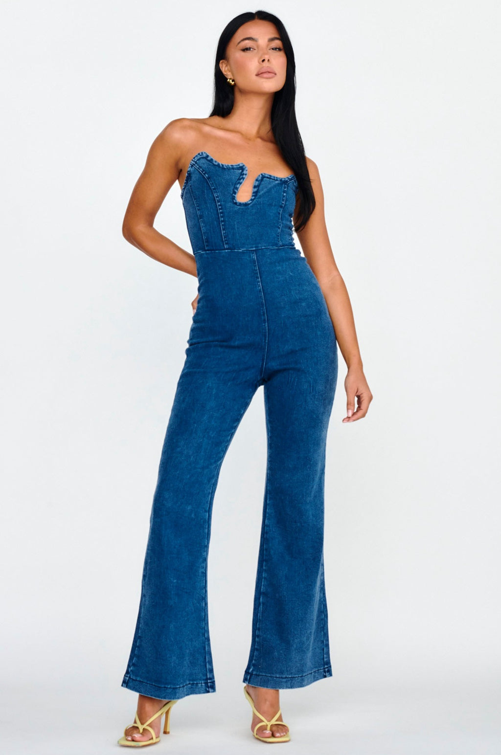 Horizon Strapless Wavy Neckline Jumpsuit Denim by Selfie Leslie