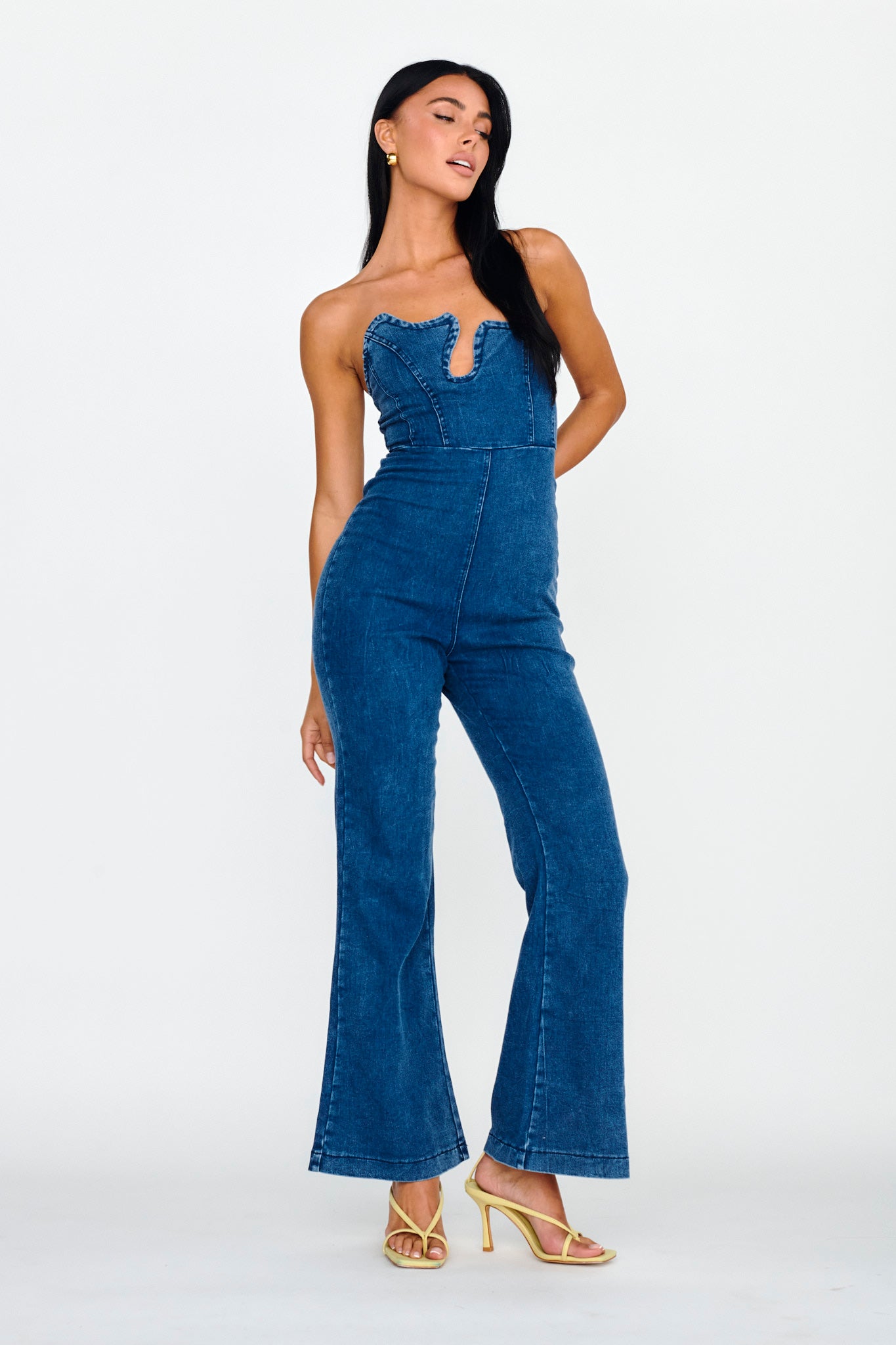 Horizon Strapless Wavy Neckline Jumpsuit Denim by Selfie Leslie