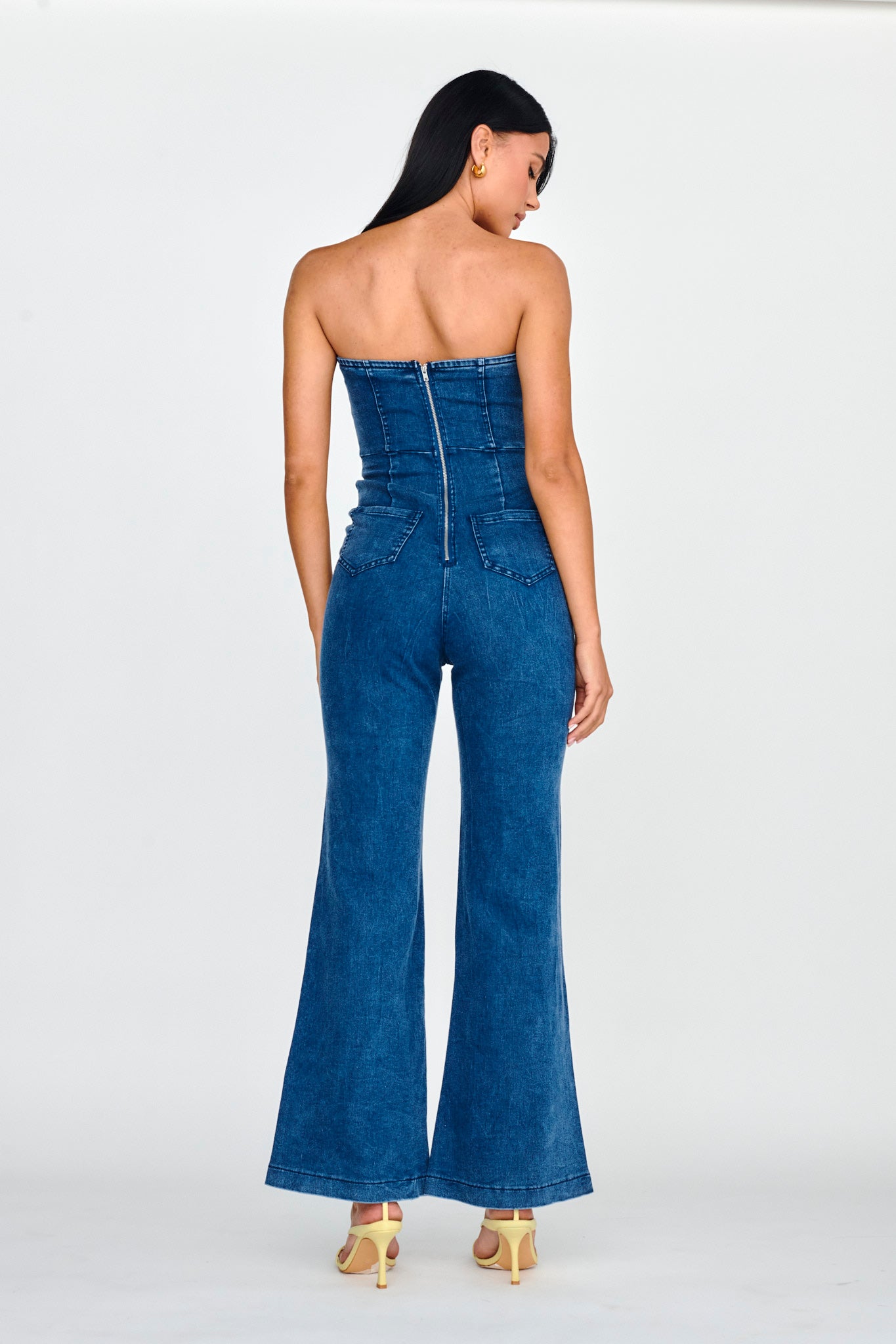 Horizon Strapless Wavy Neckline Jumpsuit Denim by Selfie Leslie
