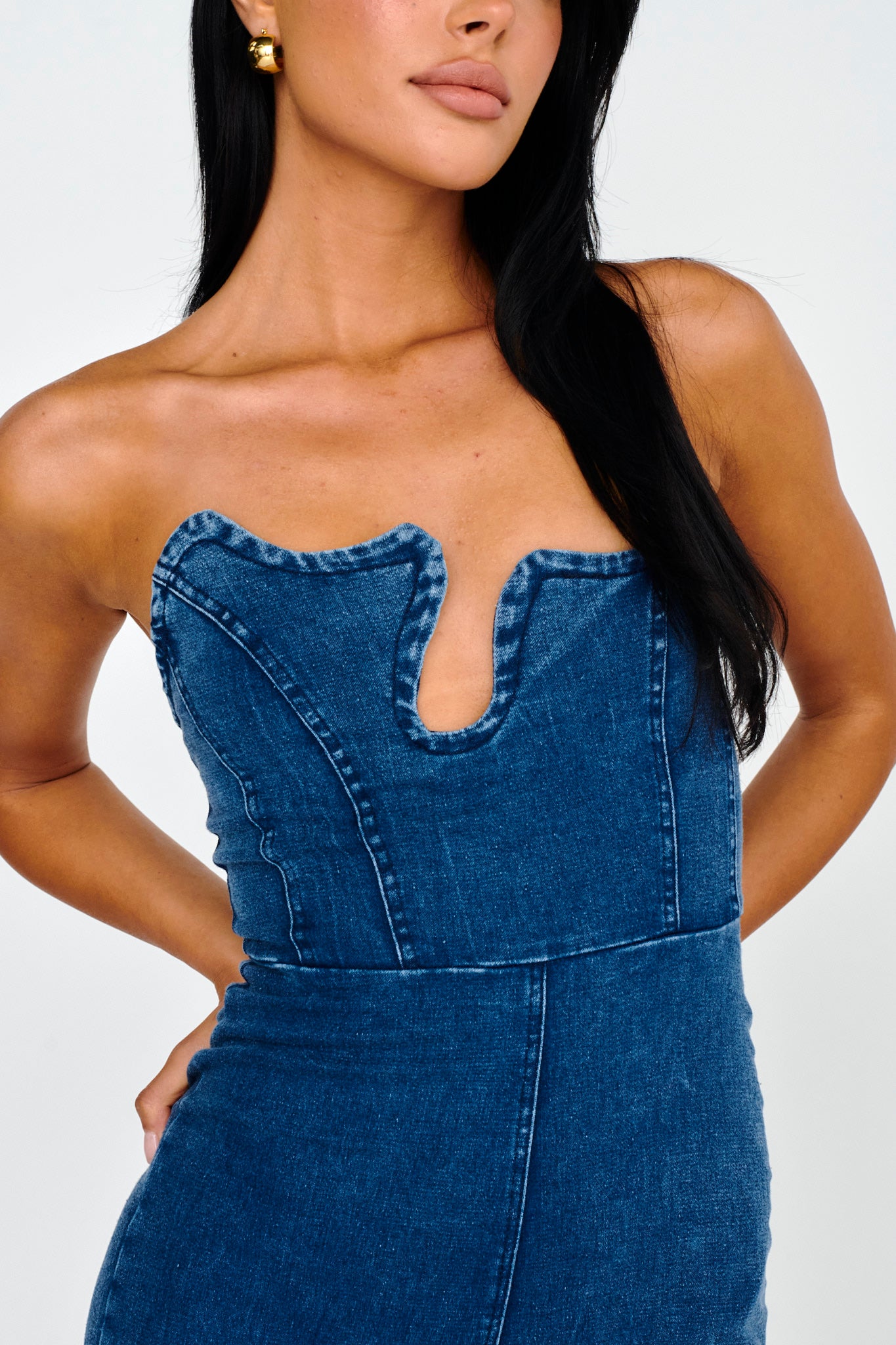 Horizon Strapless Wavy Neckline Jumpsuit Denim by Selfie Leslie