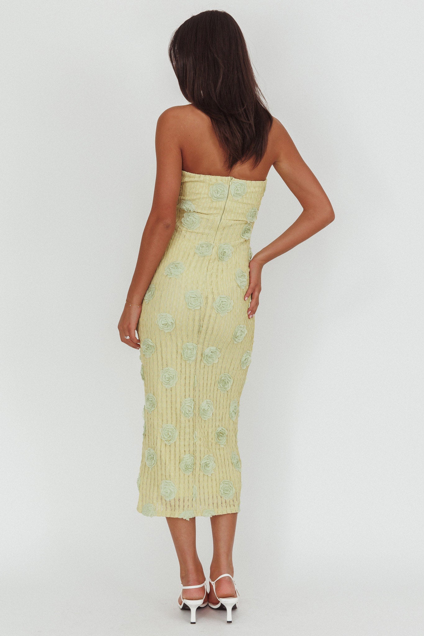 Horizon Strapless Textured Floral Midi Dress Green by Selfie Leslie