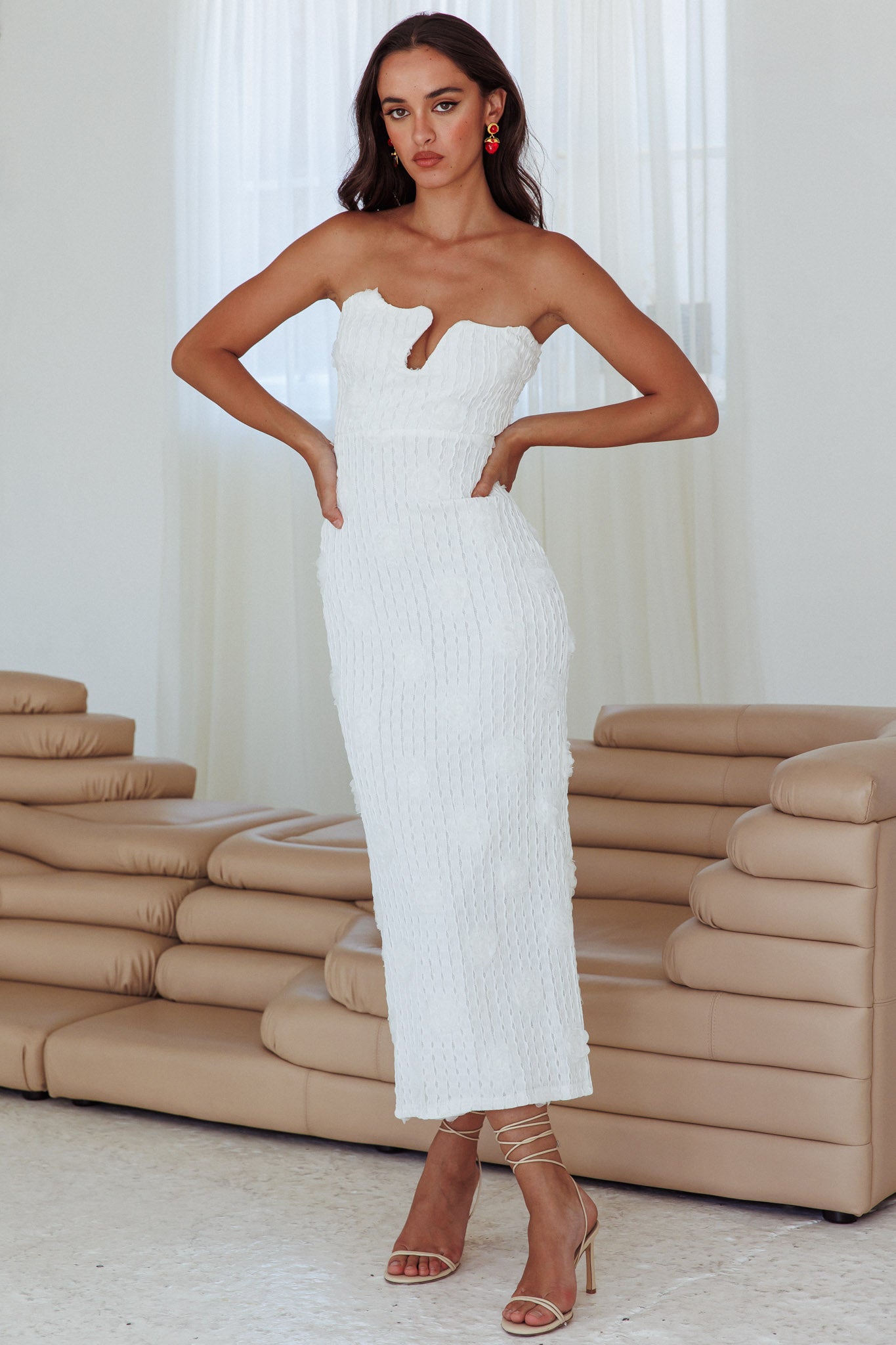 Horizon Strapless Textured Floral Midi Dress White by Selfie Leslie