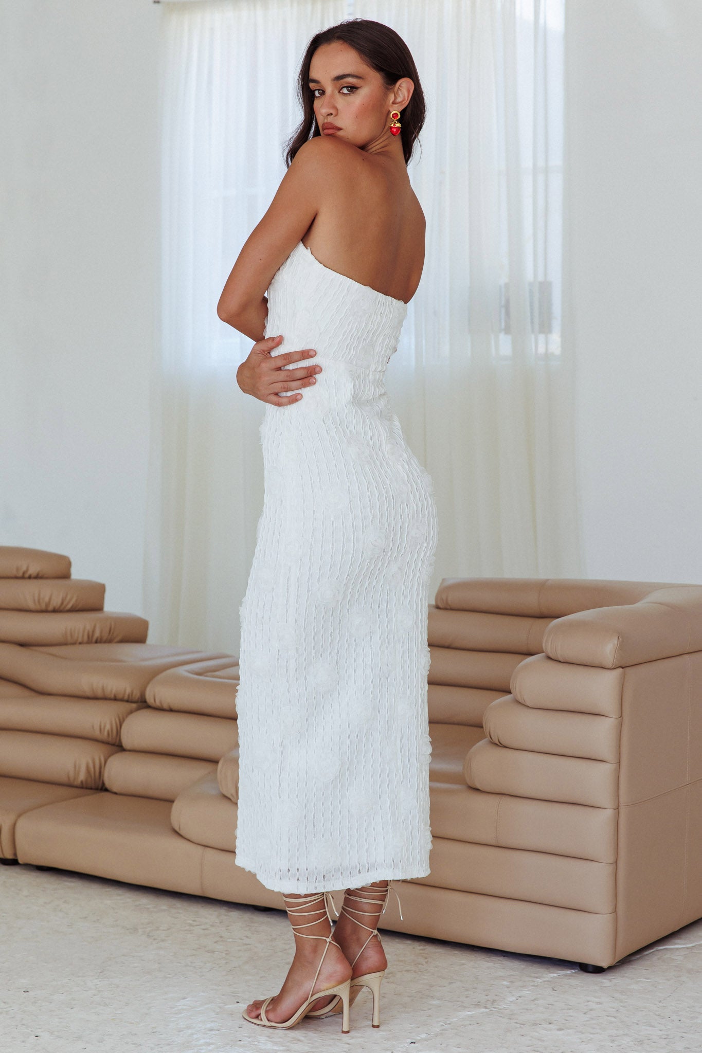 Horizon Strapless Textured Floral Midi Dress White by Selfie Leslie