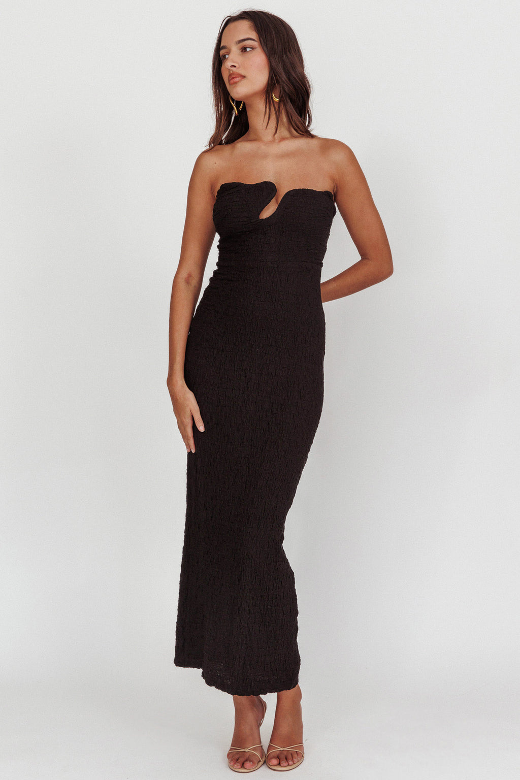 Horizon Strapless Textured Midi Dress Black by Selfie Leslie