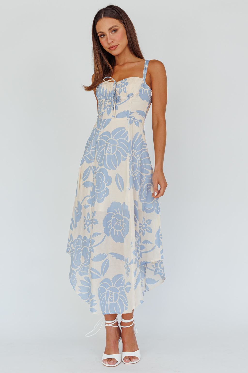 Euro Summer Asymmetrical Hem Midi Dress Floral Beige by Selfie Leslie