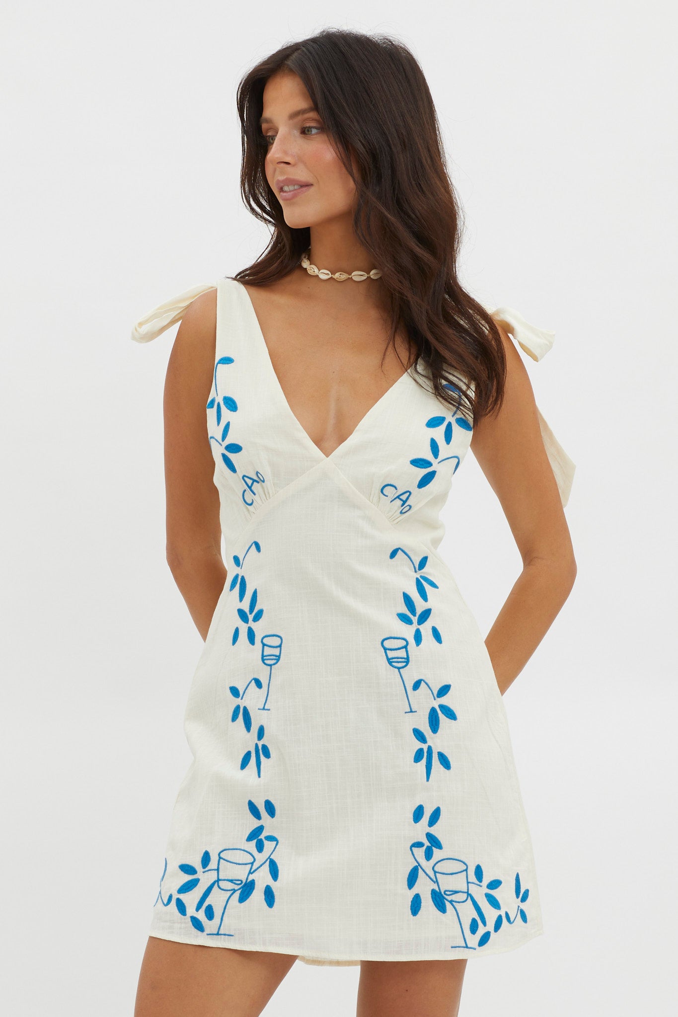Mykonos Morning Tied Shoulder Mini Dress Beige by Selfie Leslie