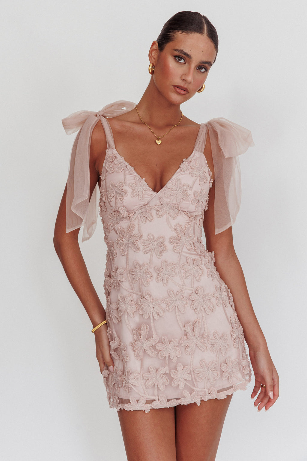 Mykonos Morning Tied Shoulder Embellished Mini Dress Blush by Selfie Leslie
