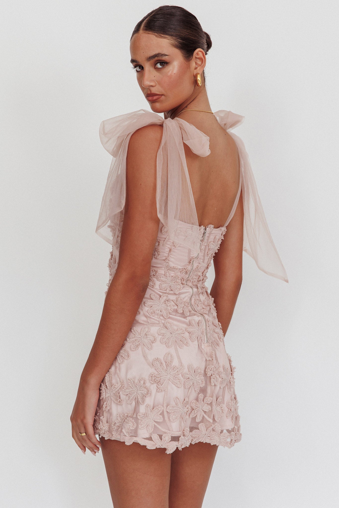 Mykonos Morning Tied Shoulder Embellished Mini Dress Blush by Selfie Leslie
