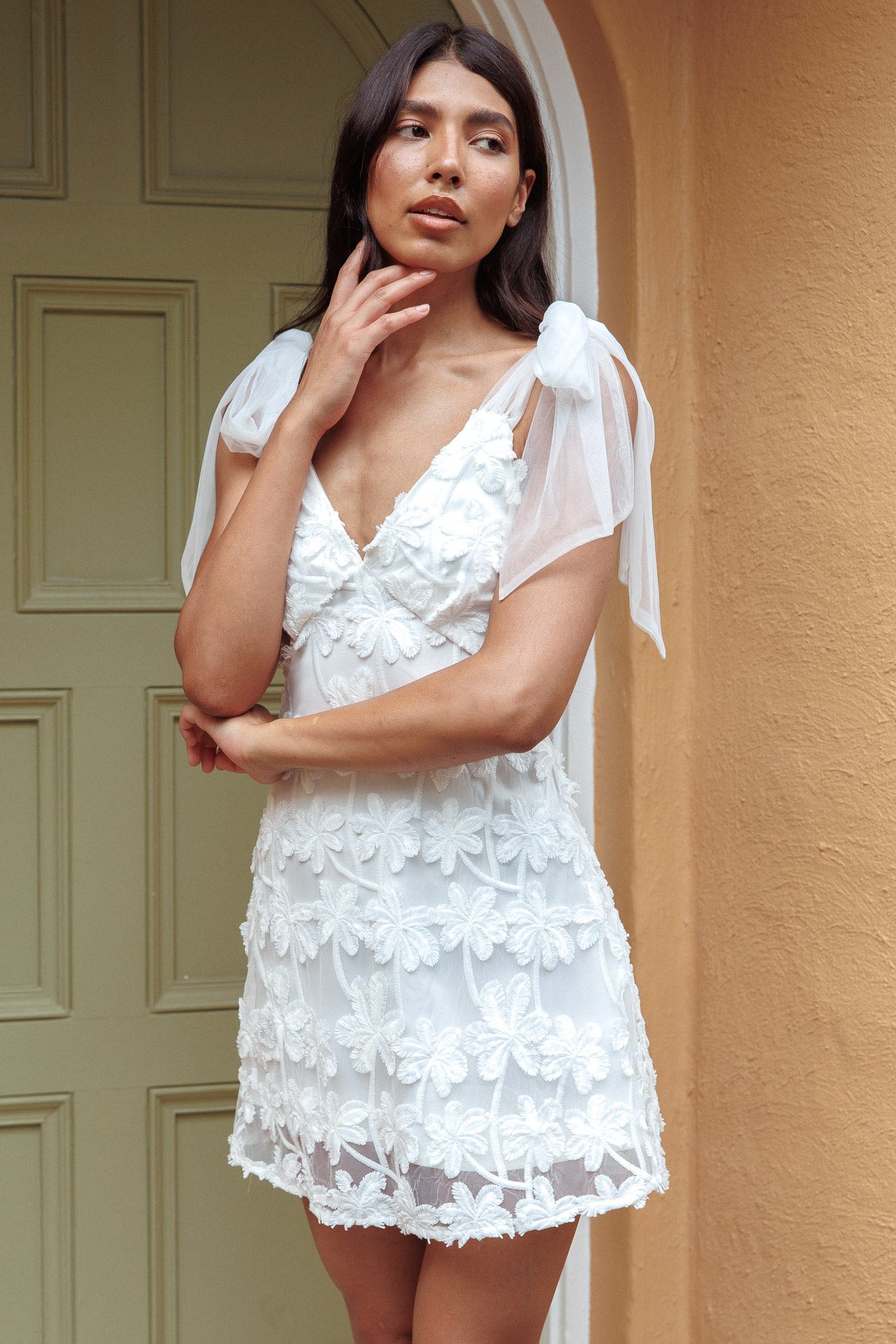 Mykonos Morning Tied Shoulder Embellished Mini Dress White by Selfie Leslie