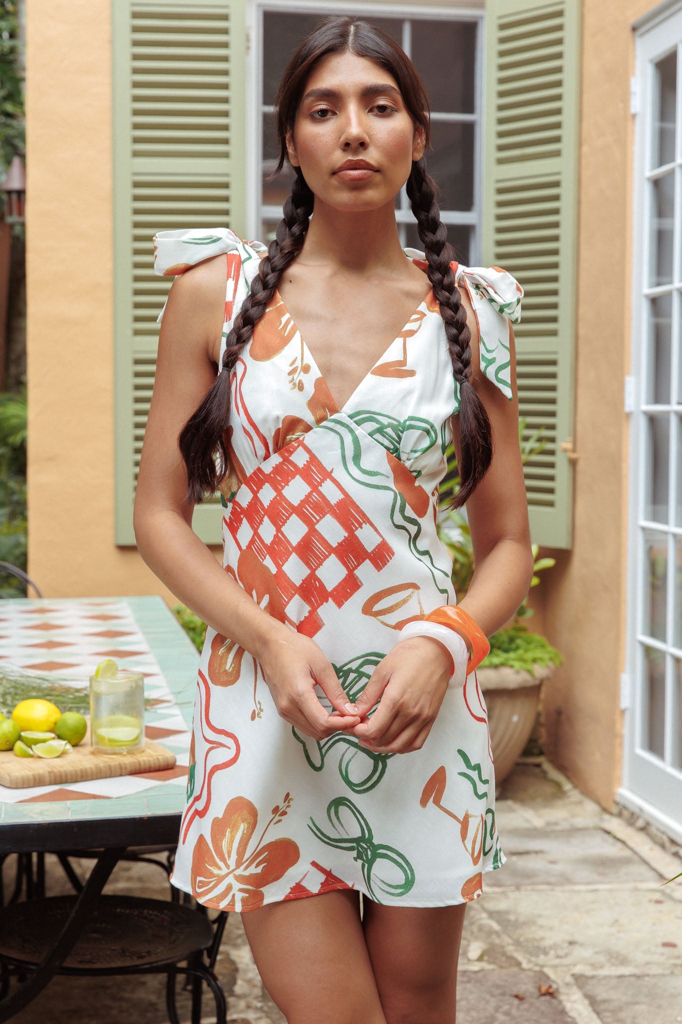 Mykonos Morning Tied Shoulder Mini Dress Print White by Selfie Leslie