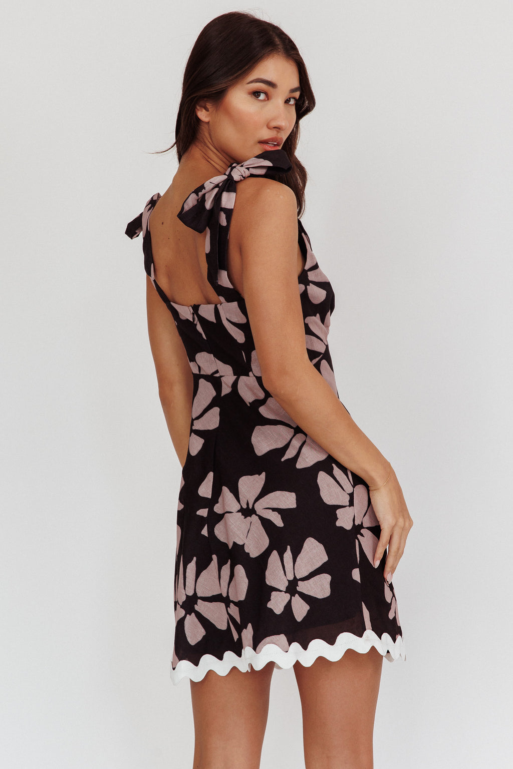 Mykonos Morning Tied Shoulder Mini Dress Floral Black by Selfie Leslie