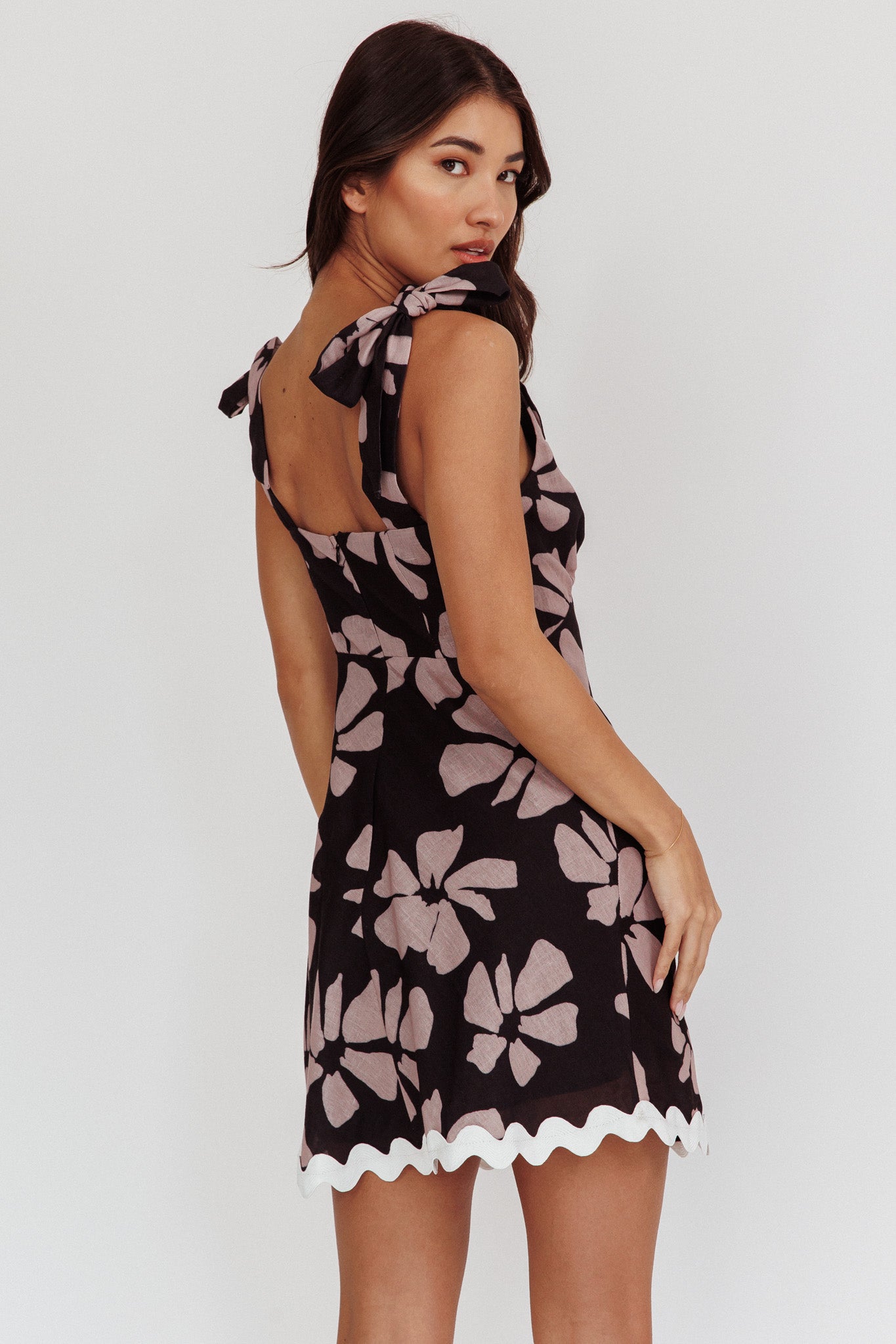 Mykonos Morning Tied Shoulder Mini Dress Floral Black by Selfie Leslie