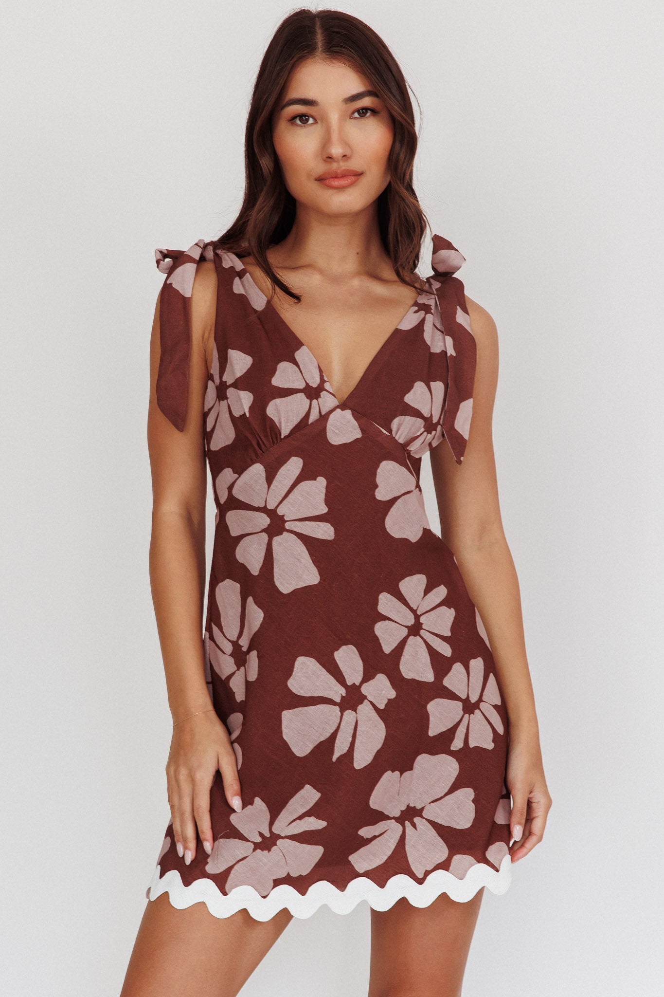 Mykonos Morning Tied Shoulder Mini Dress Floral Brown by Selfie Leslie